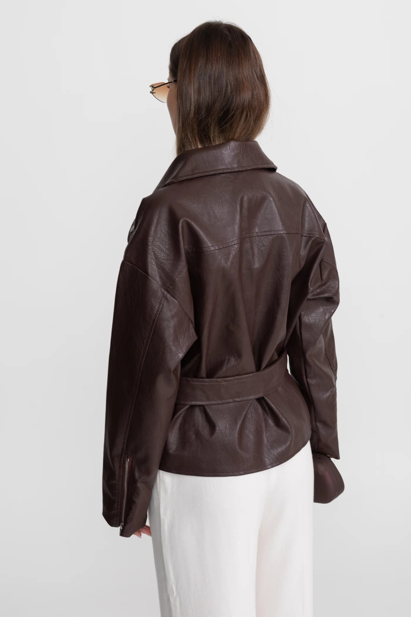 Asymmetrical Zip Leather Jacket - Brown