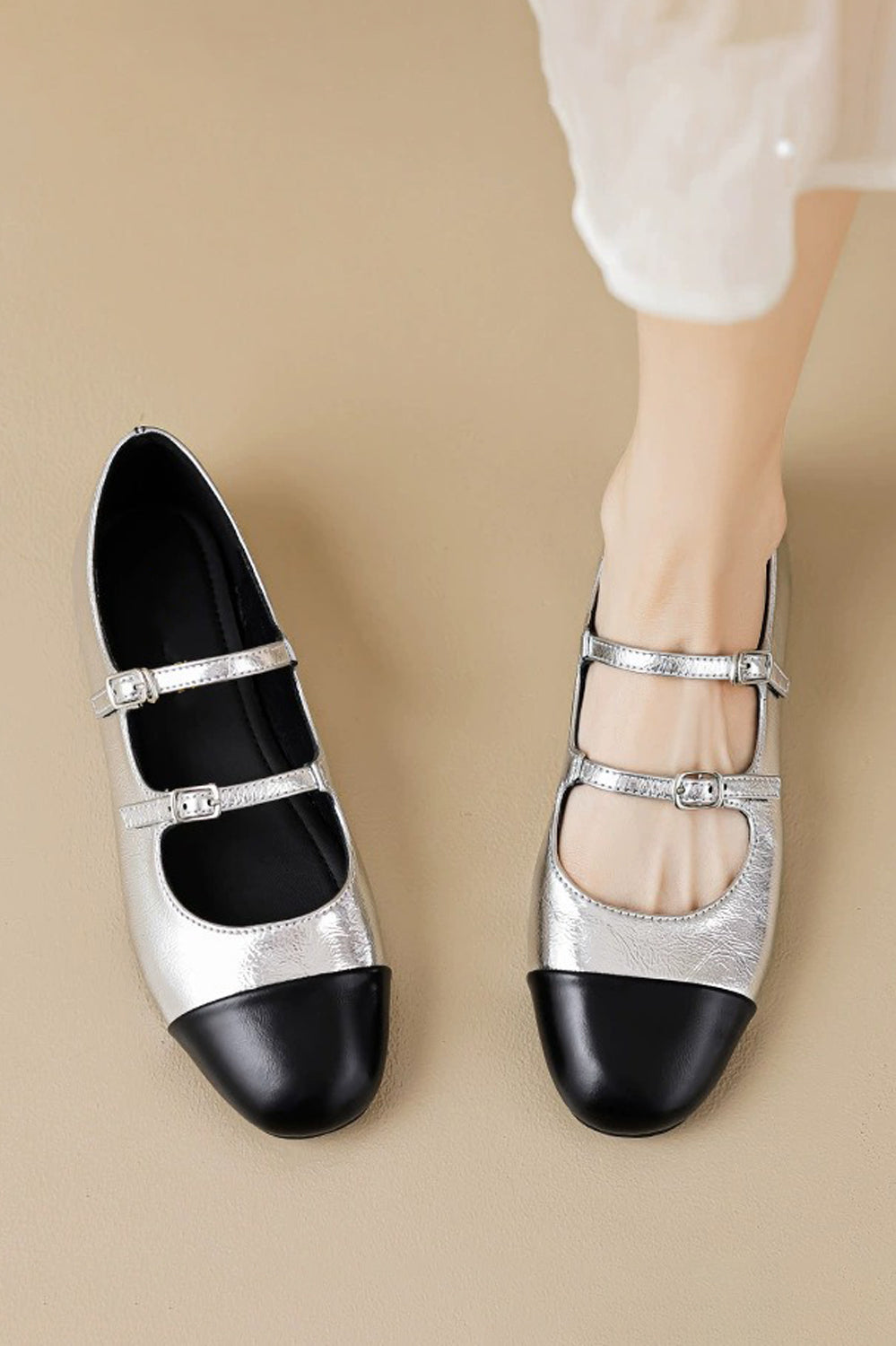 Triple Strap Round-Toe Flat Shoes - Silver
