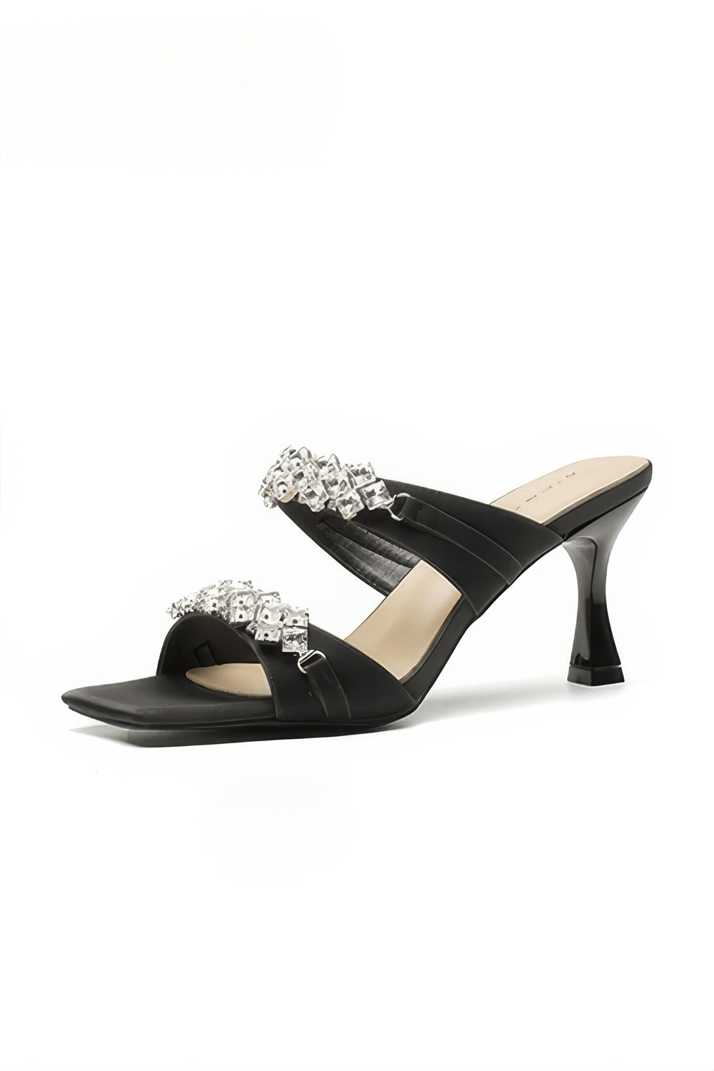 Double Strap Square Toe Heeled Sandals - Black