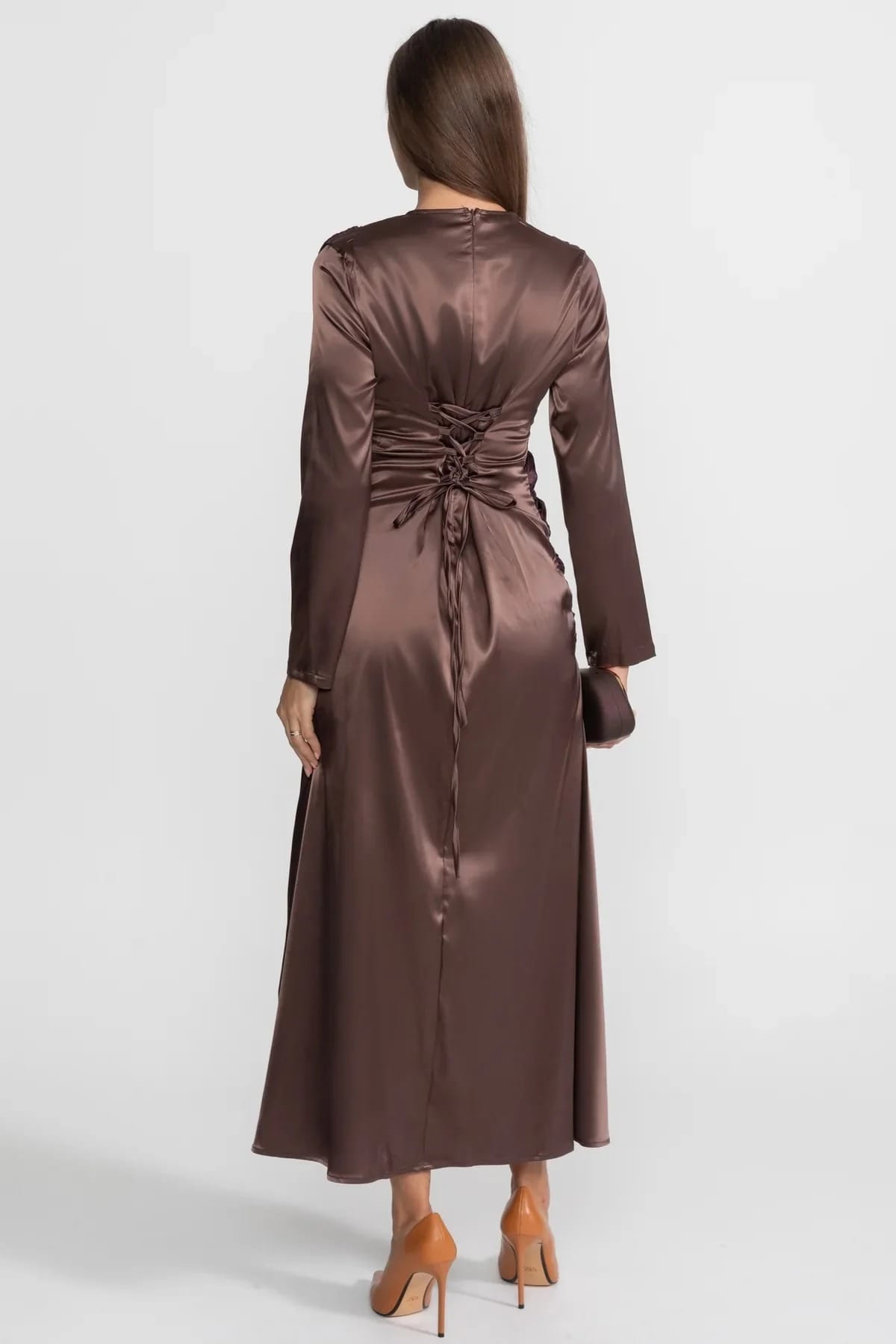 Long Sleeve Draped Maxi Dress - Brown