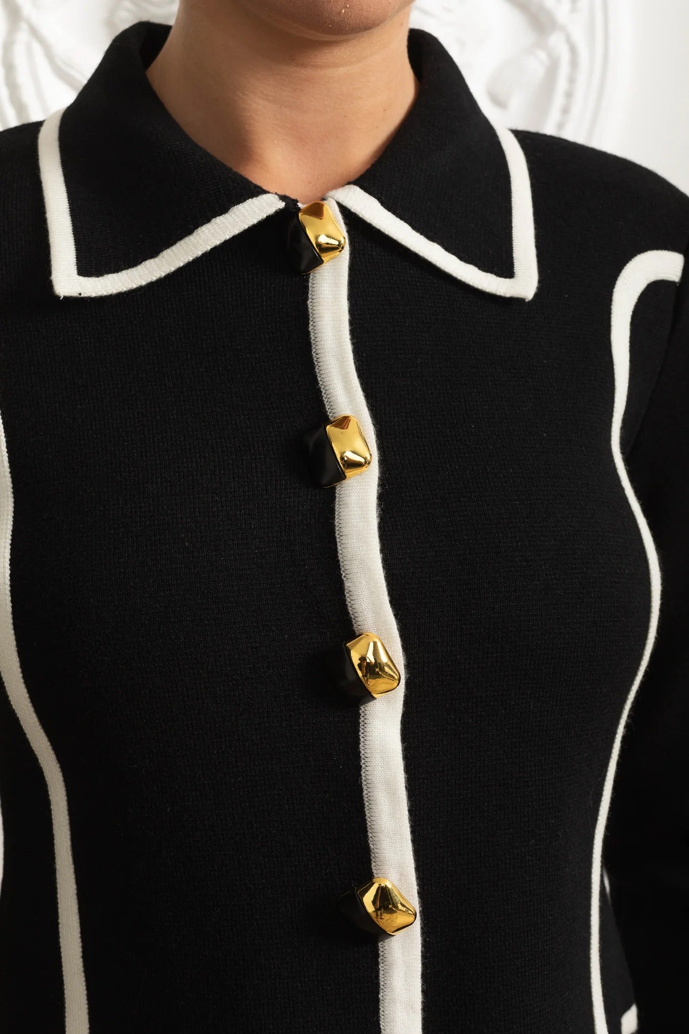 Tailored Knit Button Jacket and Pant Set With Contrast Trim - Black