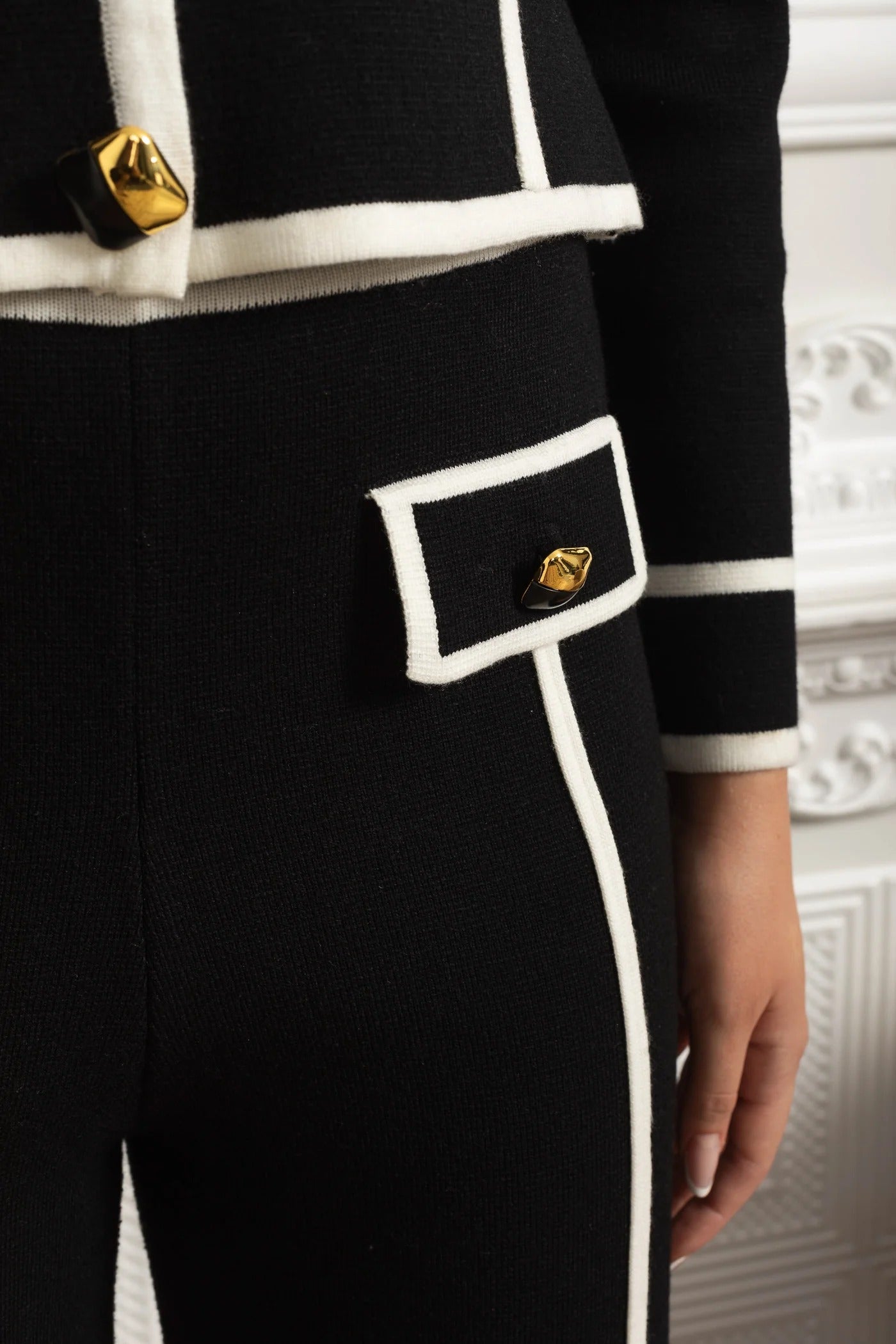Tailored Knit Button Jacket and Pant Set With Contrast Trim - Black