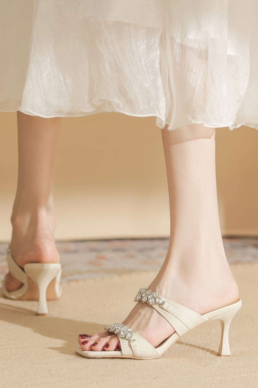 Double Strap Square Toe Heeled Sandals - Apricot