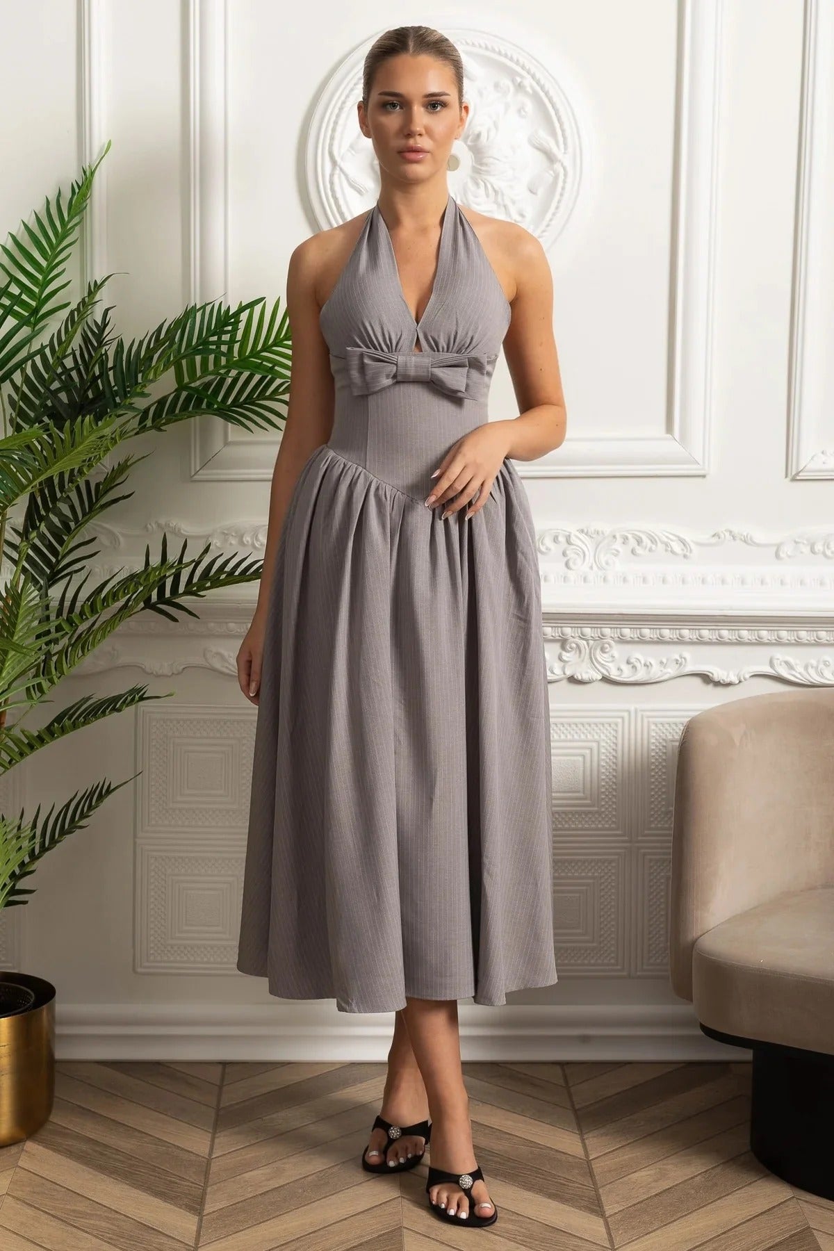 Halter Neck Midi Dress With Bow Front - Gray
