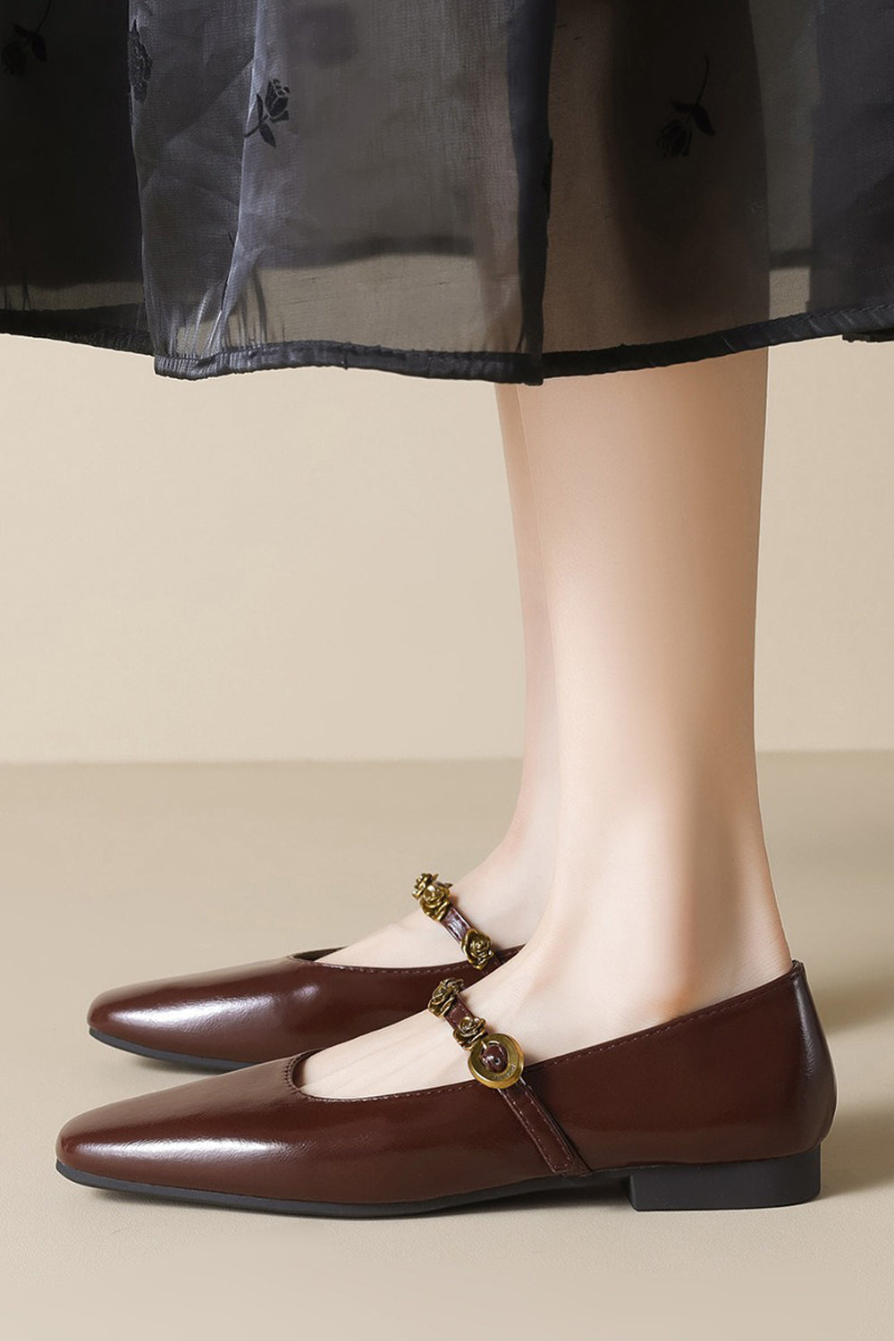 Square Toe Flats with Decorative Strap - Maroon