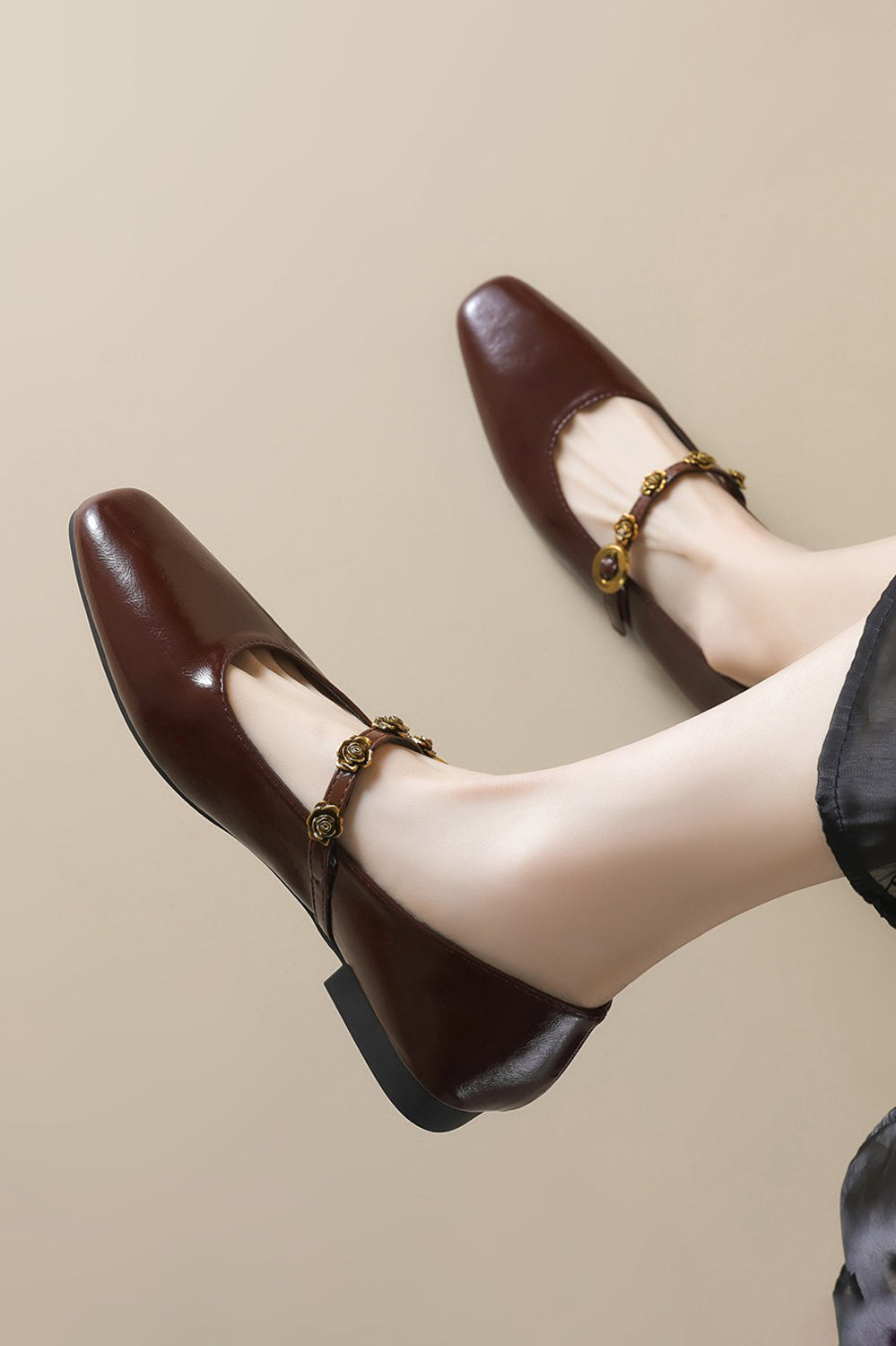 Square Toe Flats with Decorative Strap - Maroon