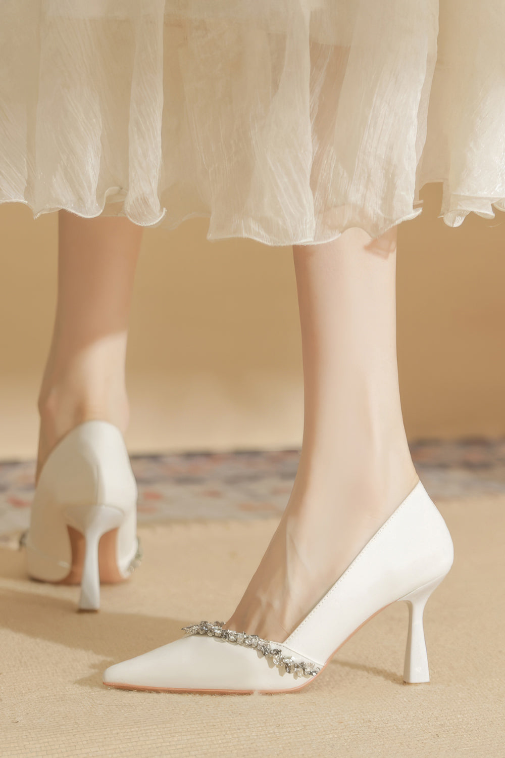 Pointed Heels with Crystals Accents - White