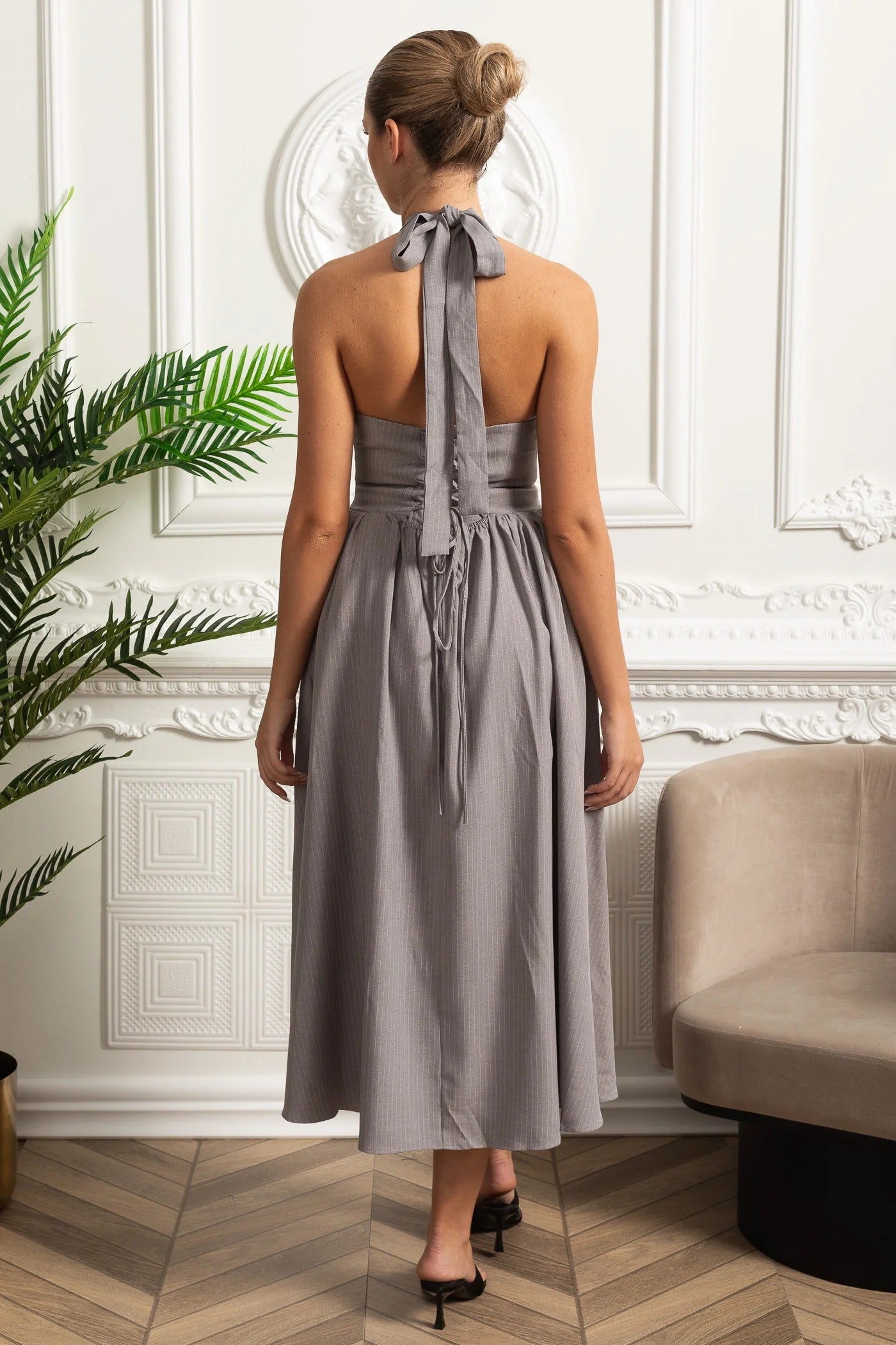 Halter Neck Midi Dress With Bow Front - Gray