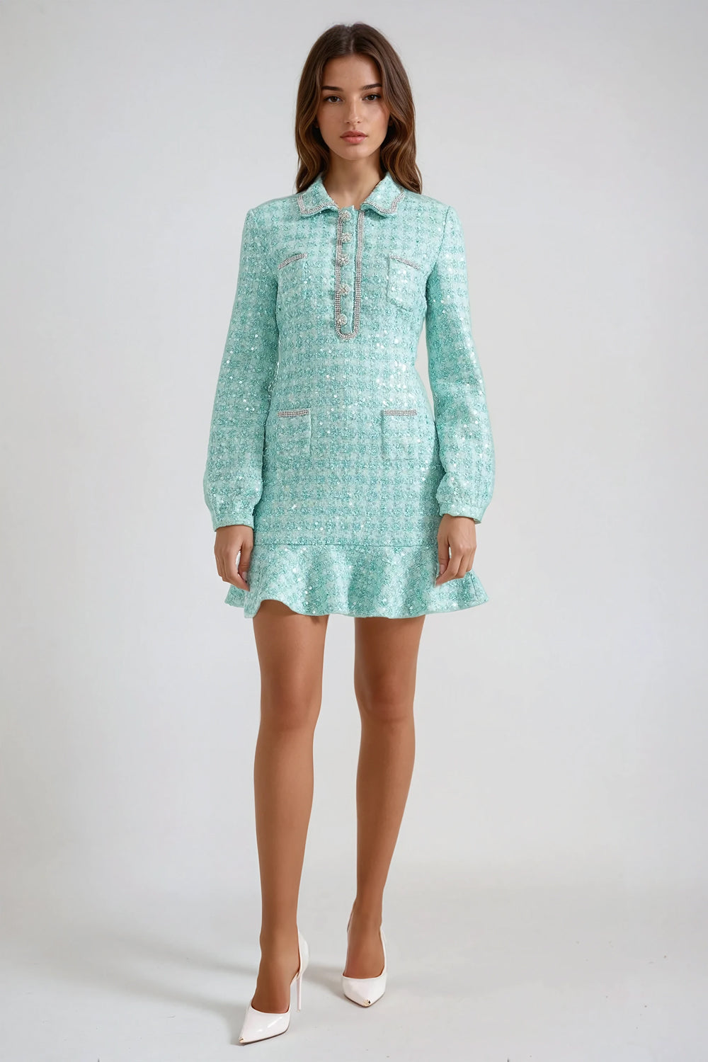 Long Sleeve Knitted Mini Dress with Ruffled Hem - Green