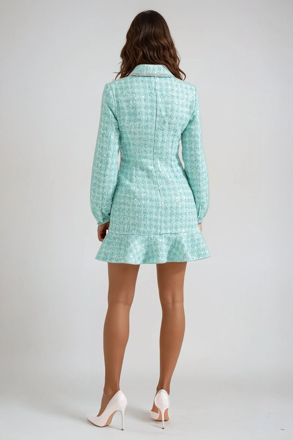 Long Sleeve Knitted Mini Dress with Ruffled Hem - Green
