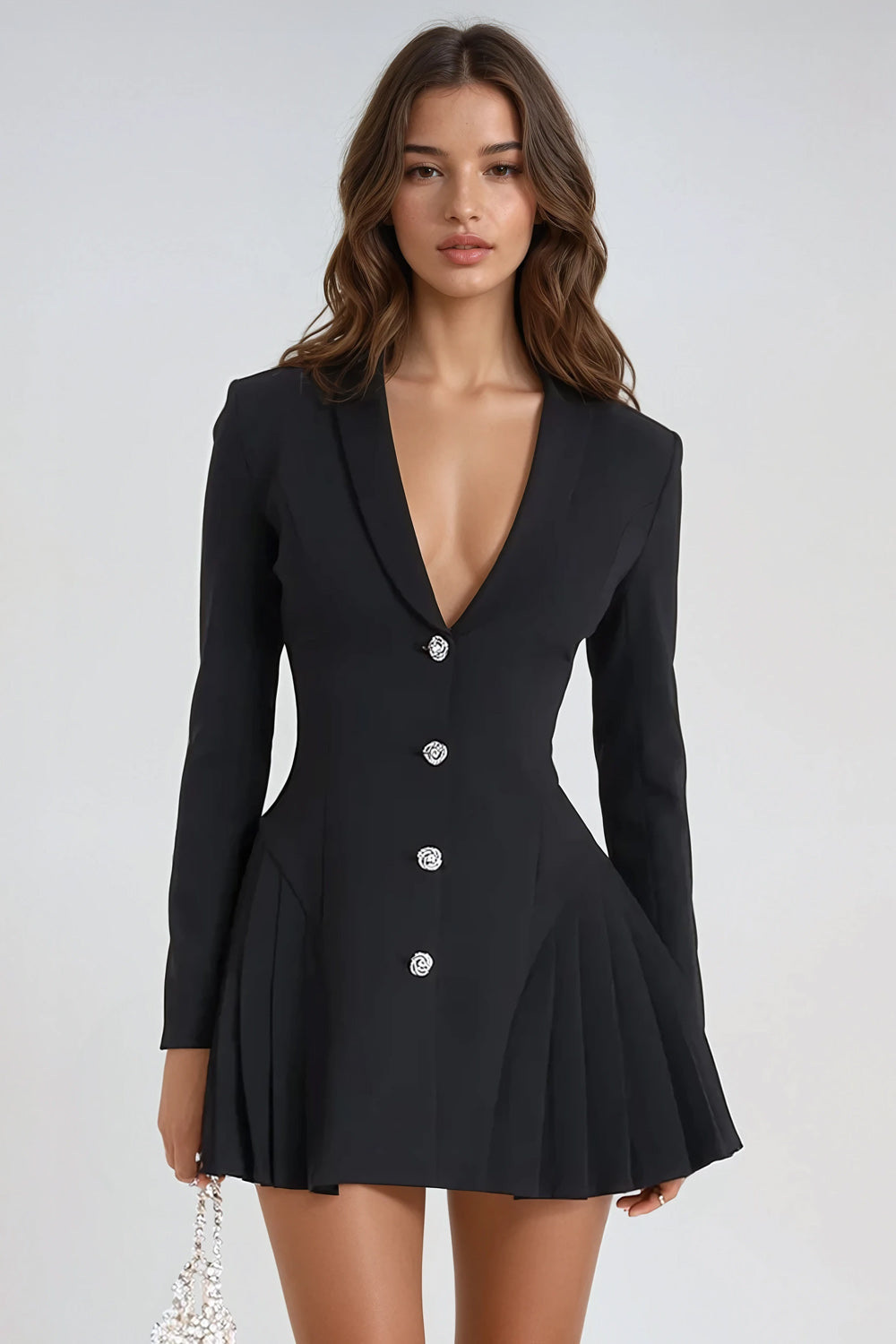 Long Sleeve Buttoned Mini Dress with Pleated Skirt - Black