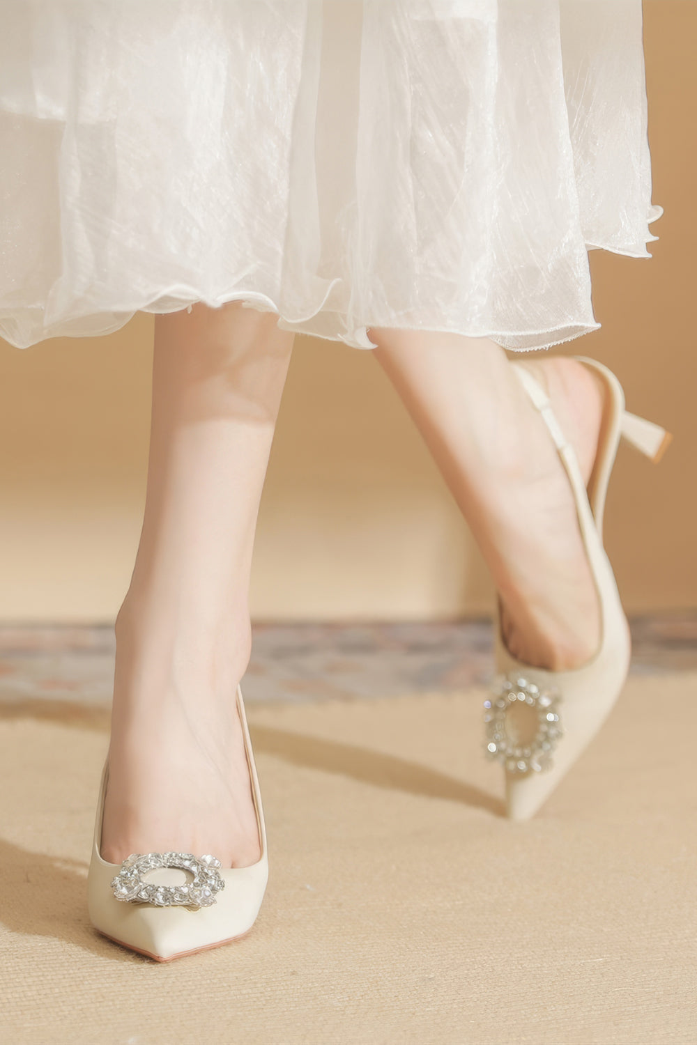 Pointed Toe Slingback Heels with Large Jewel Buckle - Apricot