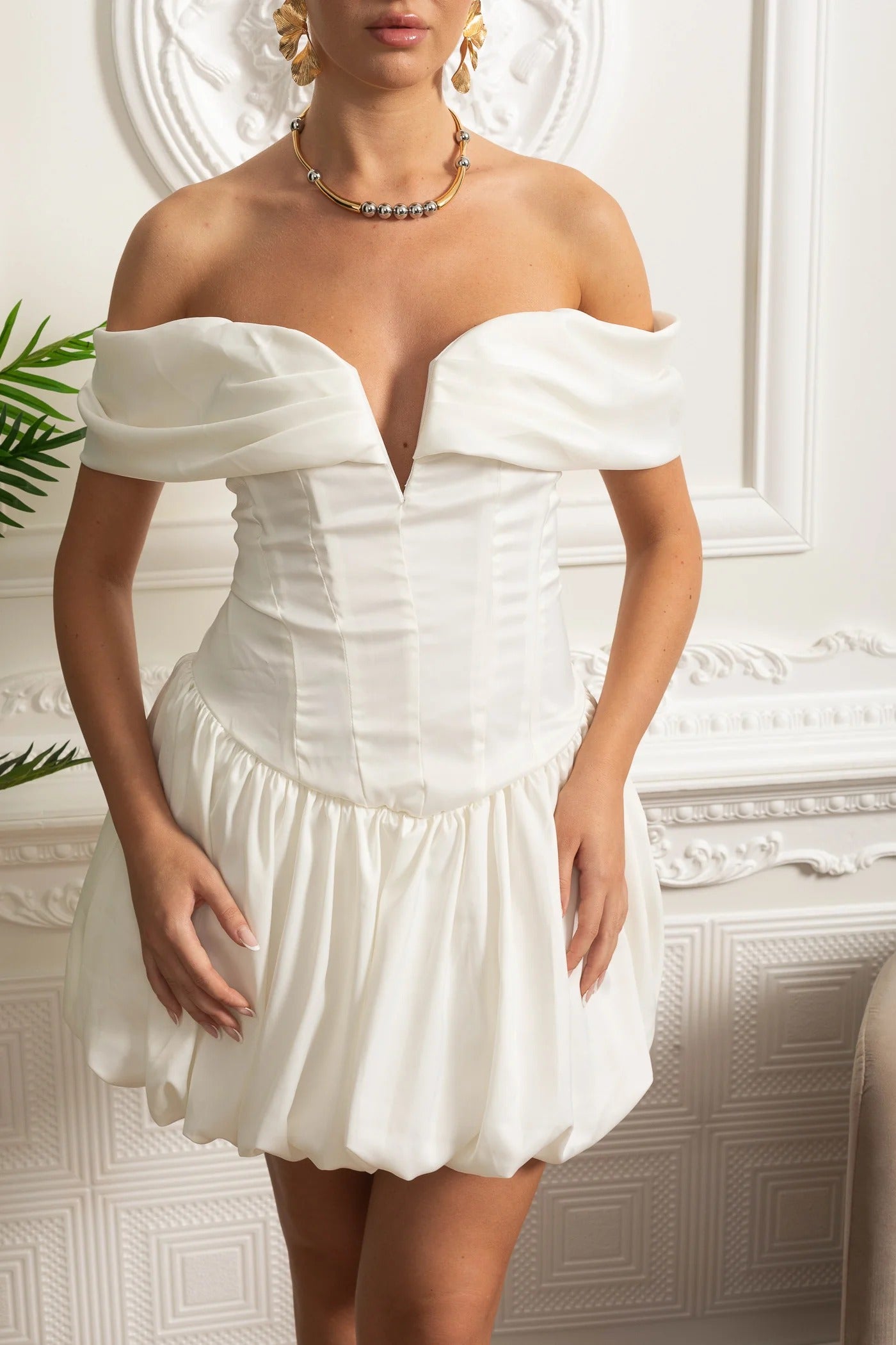 Off Shoulder Mini Dress With Structured Balloon Skirt - White