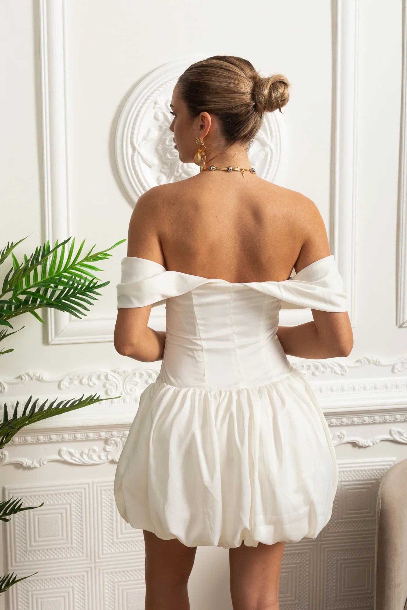 Off Shoulder Mini Dress With Structured Balloon Skirt - White