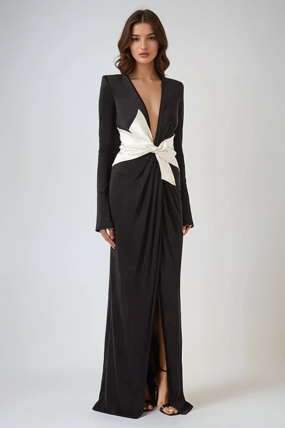 Plunge Neck Long Sleeve Maxi Dress - Black