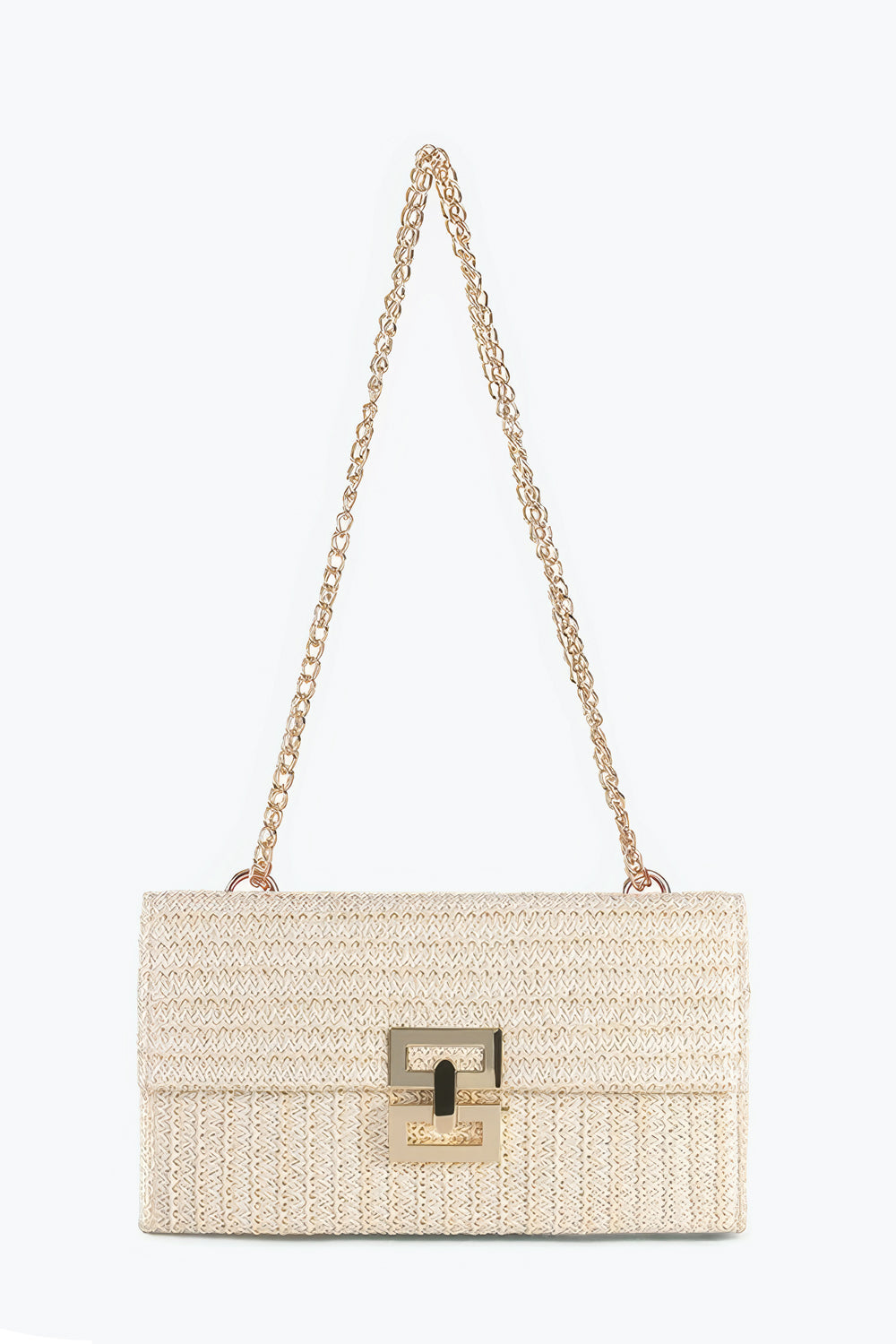 Woven Flap Shoulder Bag with Chain Strap and Metal Clasp
