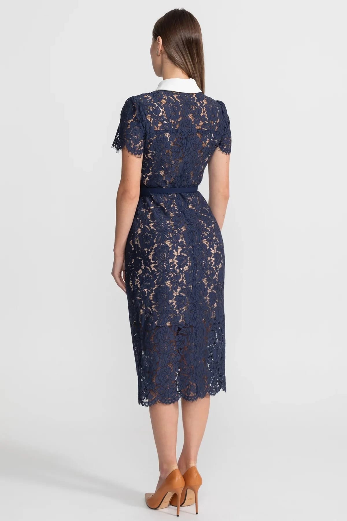 Short Sleeve Lace Midi Dress with Belt - Blue