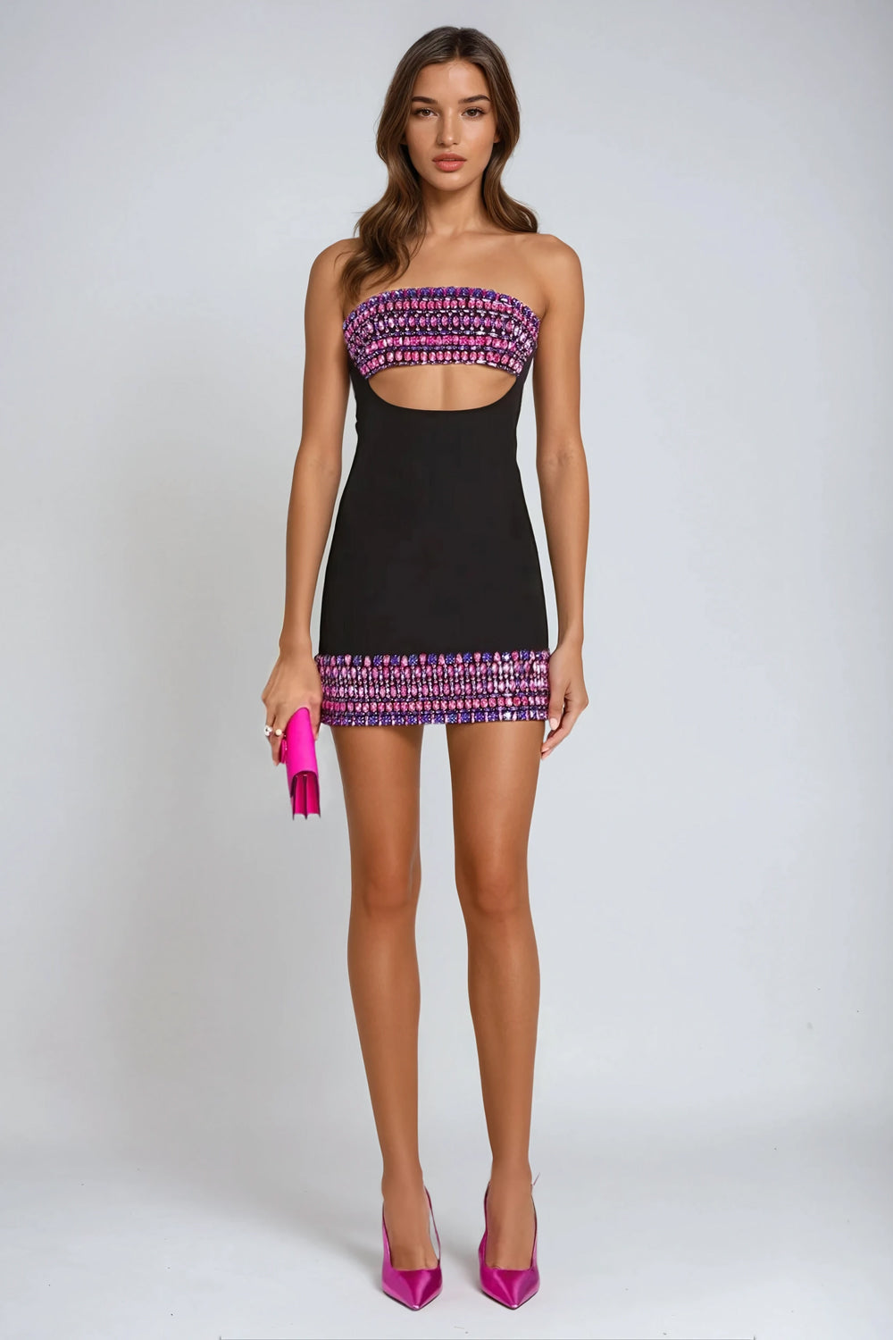 Beaded Strapless Cutout Mini Dress - Black