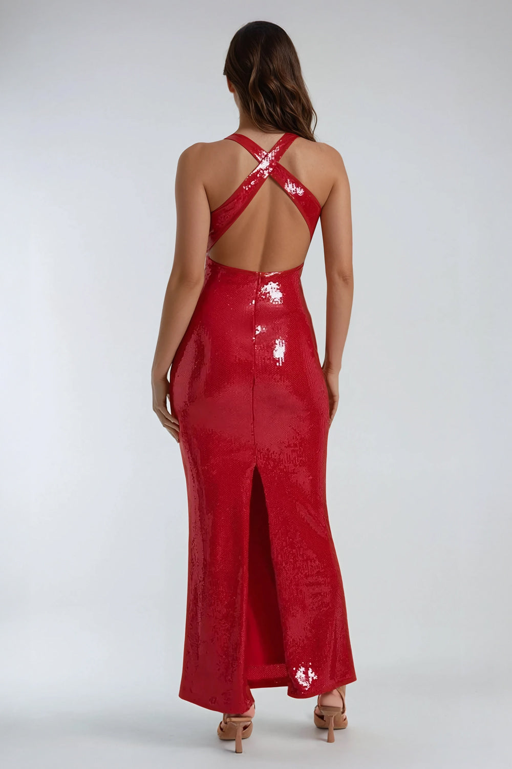 Sequin Embellished Bodycon Maxi Dress - Red