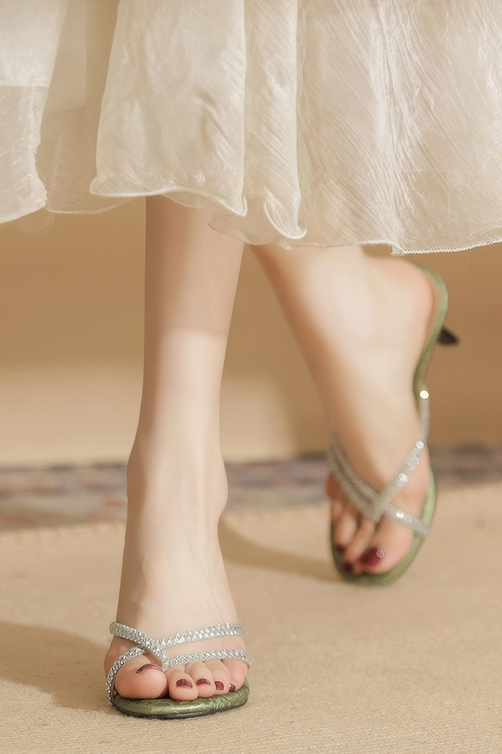 High Heel Sandals with Rhinestone Straps and Textured Base - Green