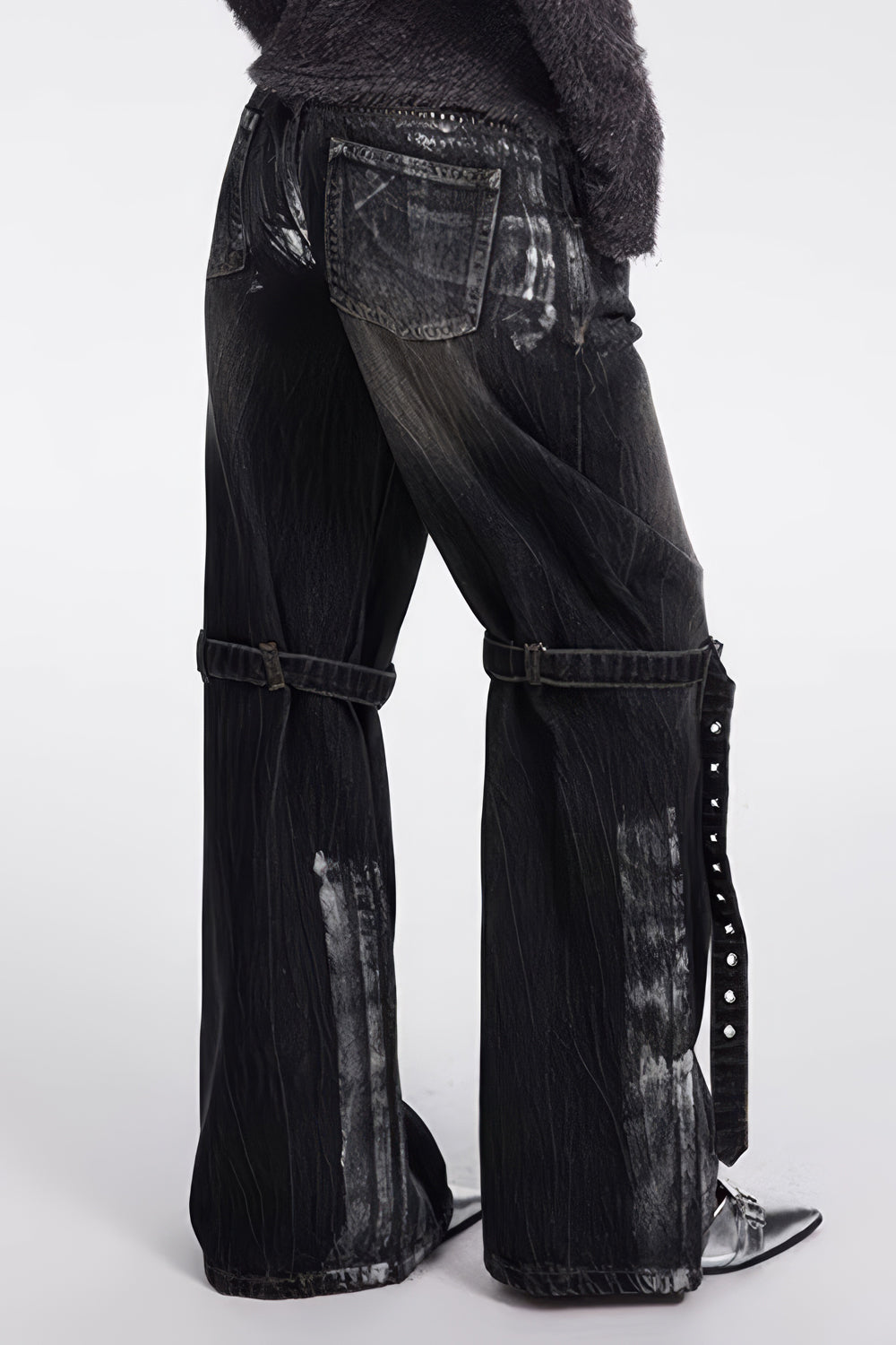 Buckled Wide-Leg Distressed Jeans