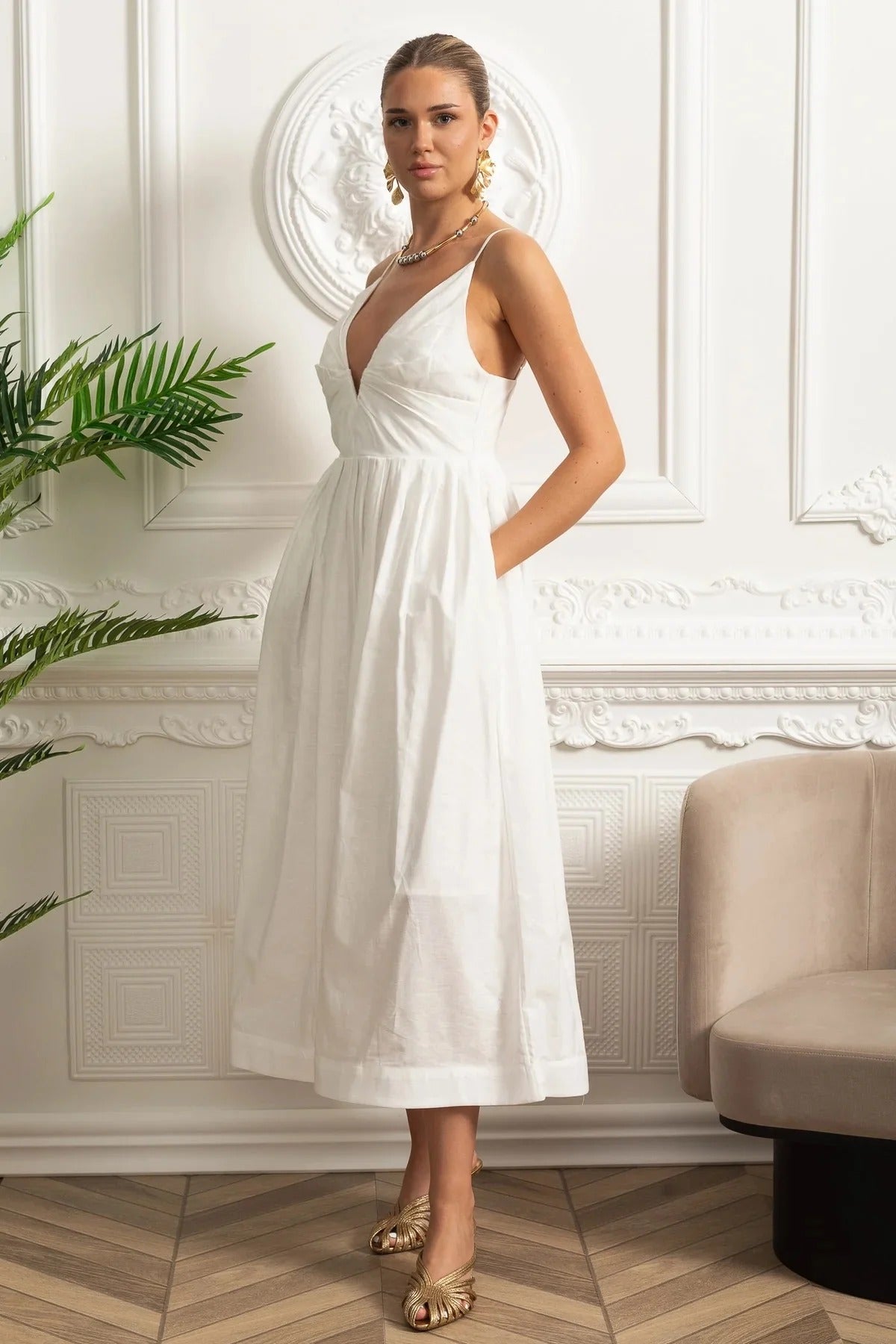 Plunge V Neck Cotton Midi Dress With Fitted Waist - White