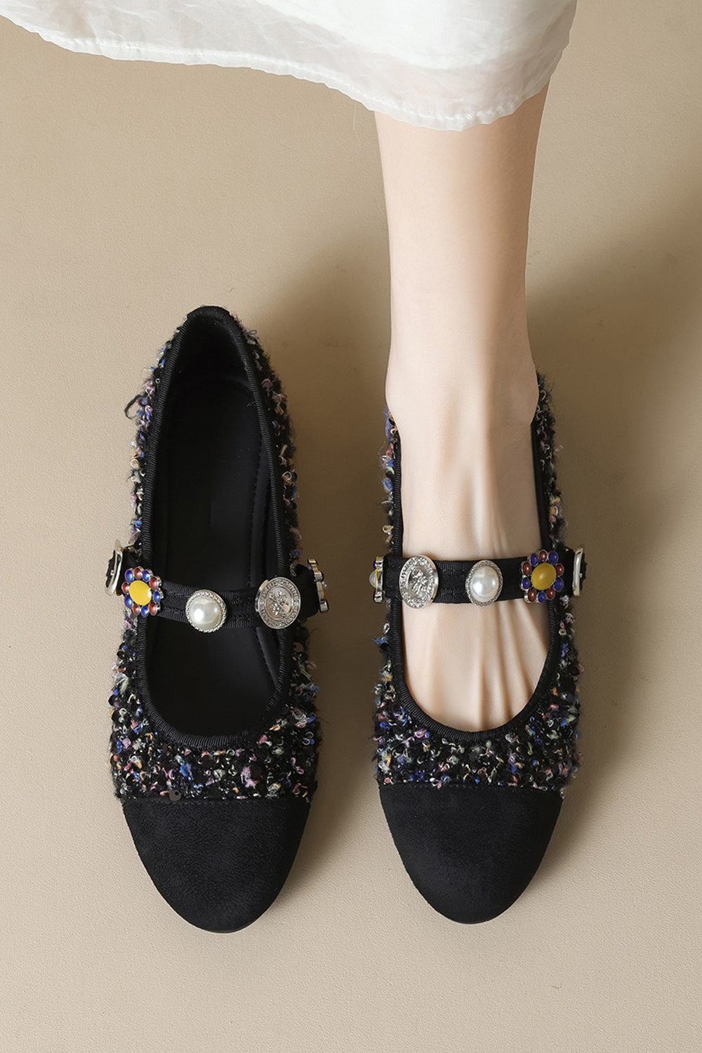 Flat Shoes with Textured Upper and Beaded Strap - Blue