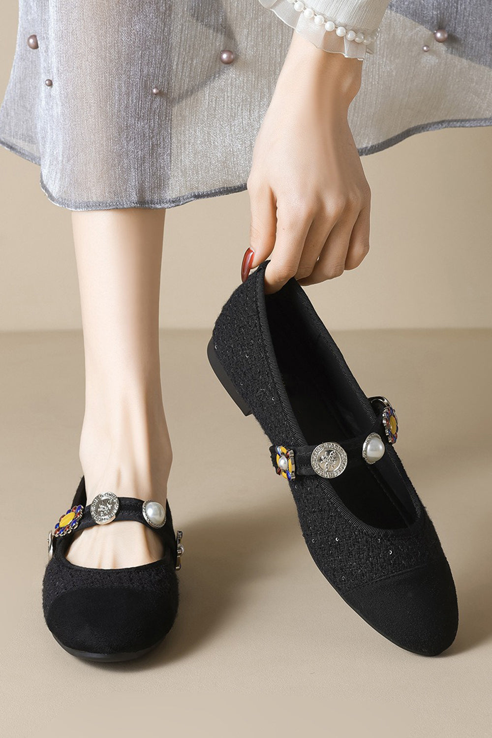 Flat Shoes with Textured Upper and Beaded Strap - Black