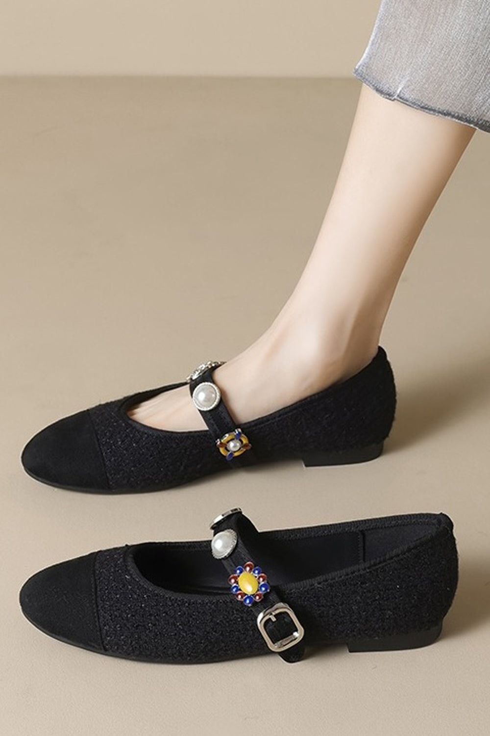 Flat Shoes with Textured Upper and Beaded Strap - Black