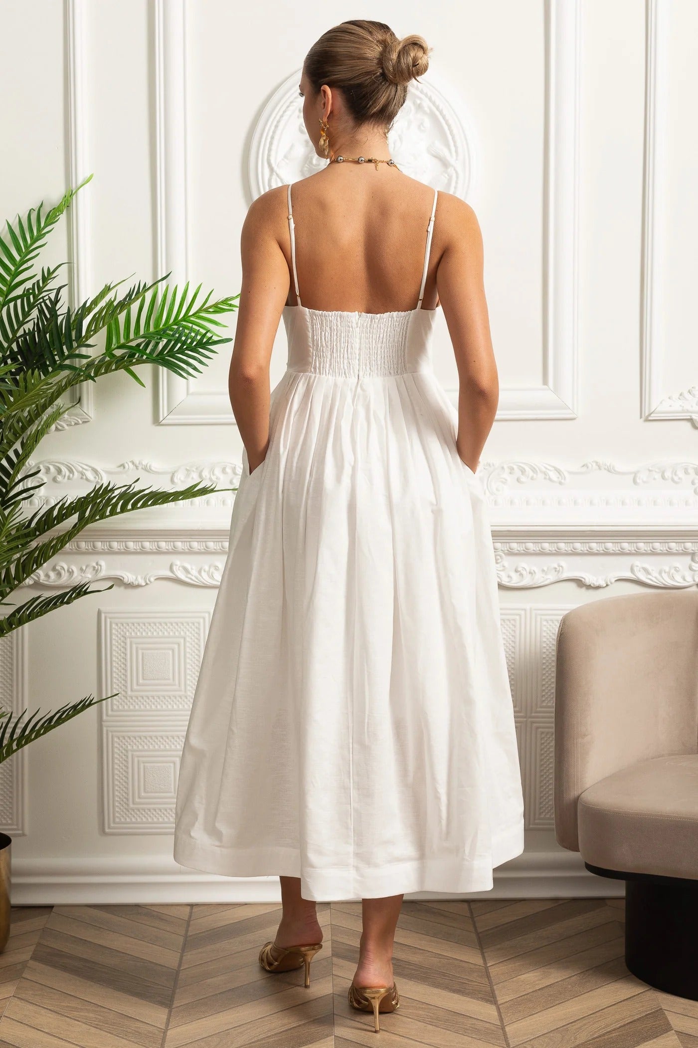 Plunge V Neck Cotton Midi Dress With Fitted Waist - White