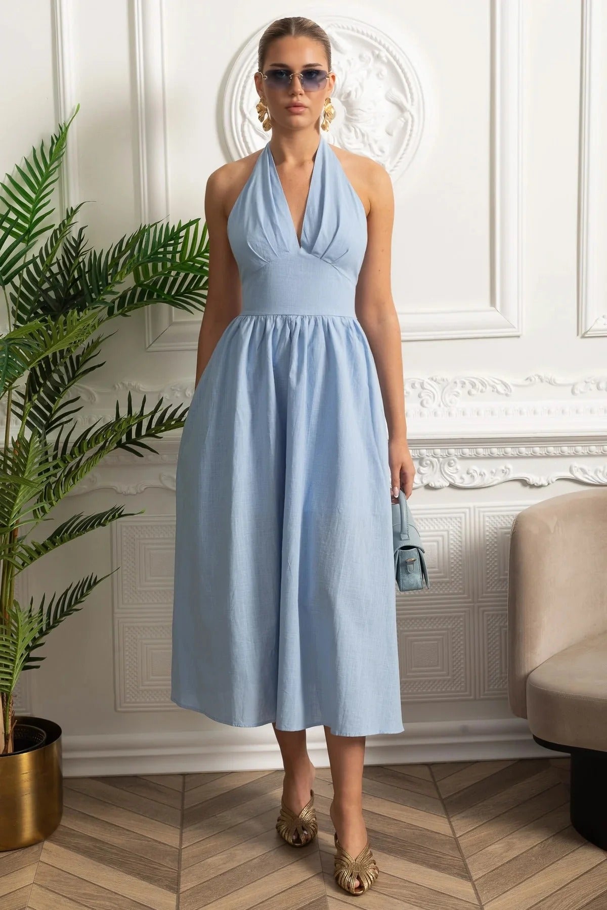 Halter Neck Midi Dress With Open Back - Blue