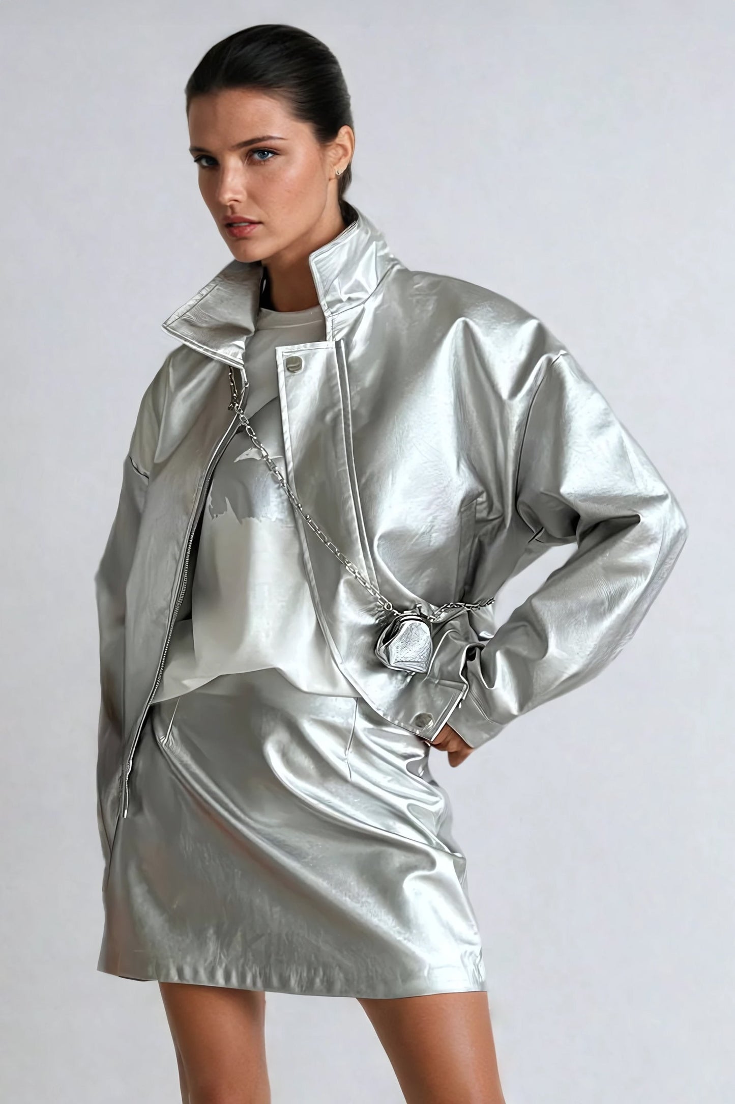 Two-Piece Set with Metallic Jacket and Mini Skirt - Silver