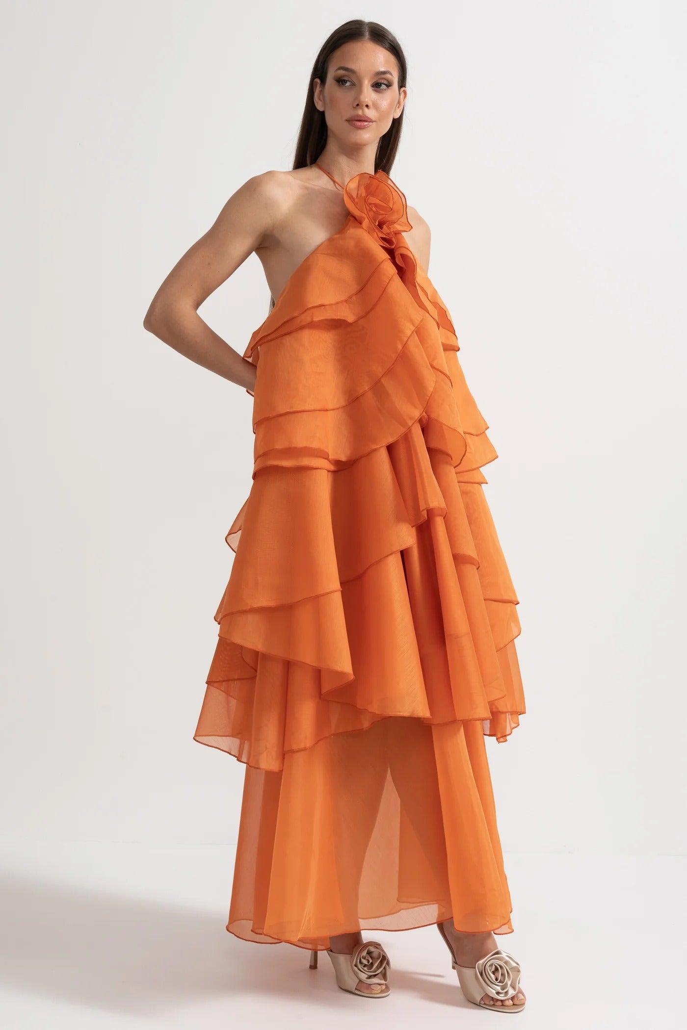 Tiered Halter Maxi Dress With Open Back - Orange
