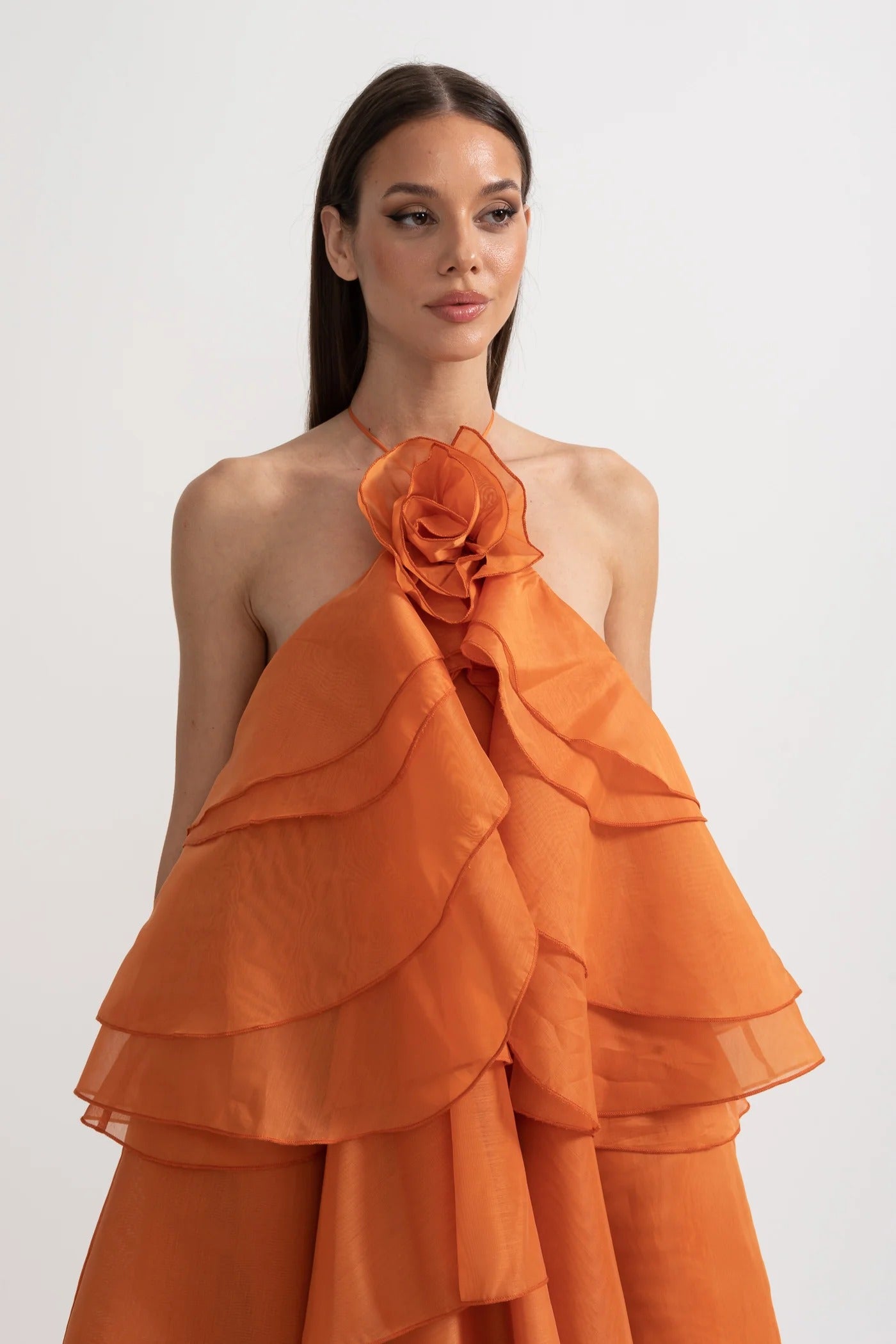 Tiered Halter Maxi Dress With Open Back - Orange