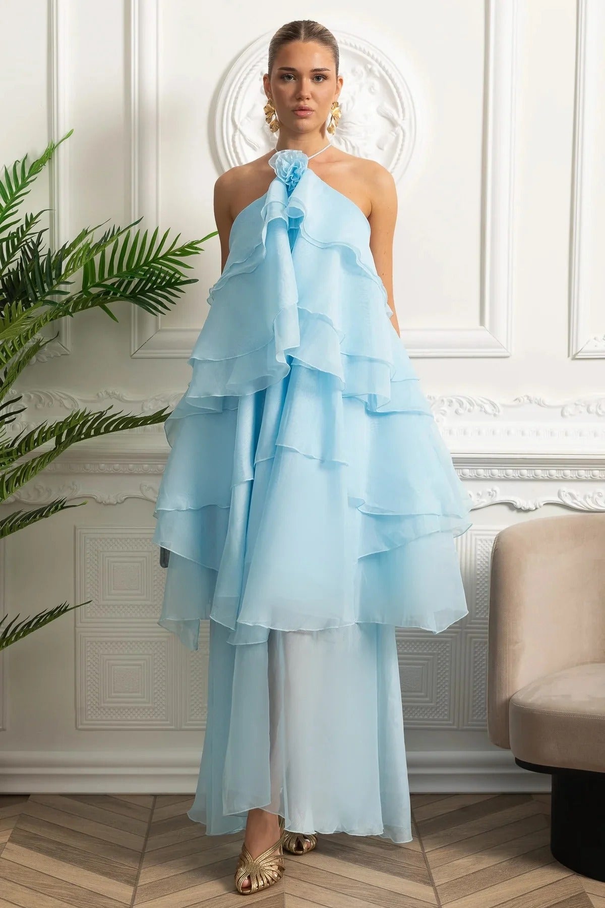 Tiered Halter Maxi Dress With Open Back - Blue
