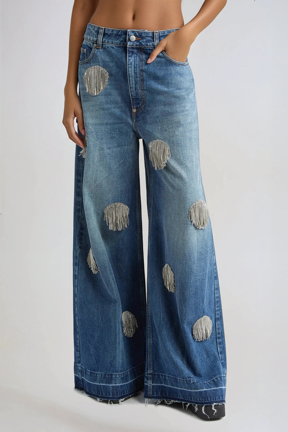 Wide-Leg Jeans with Fringe Bead Accents - Blue