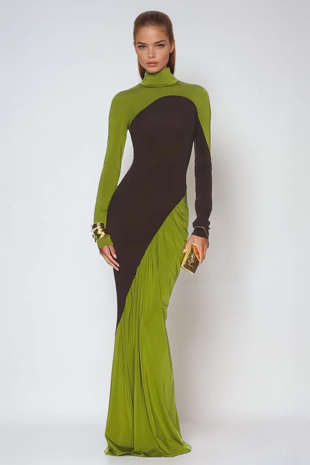 Contrast Panel High Neck Long Sleeve Maxi Dress - Green