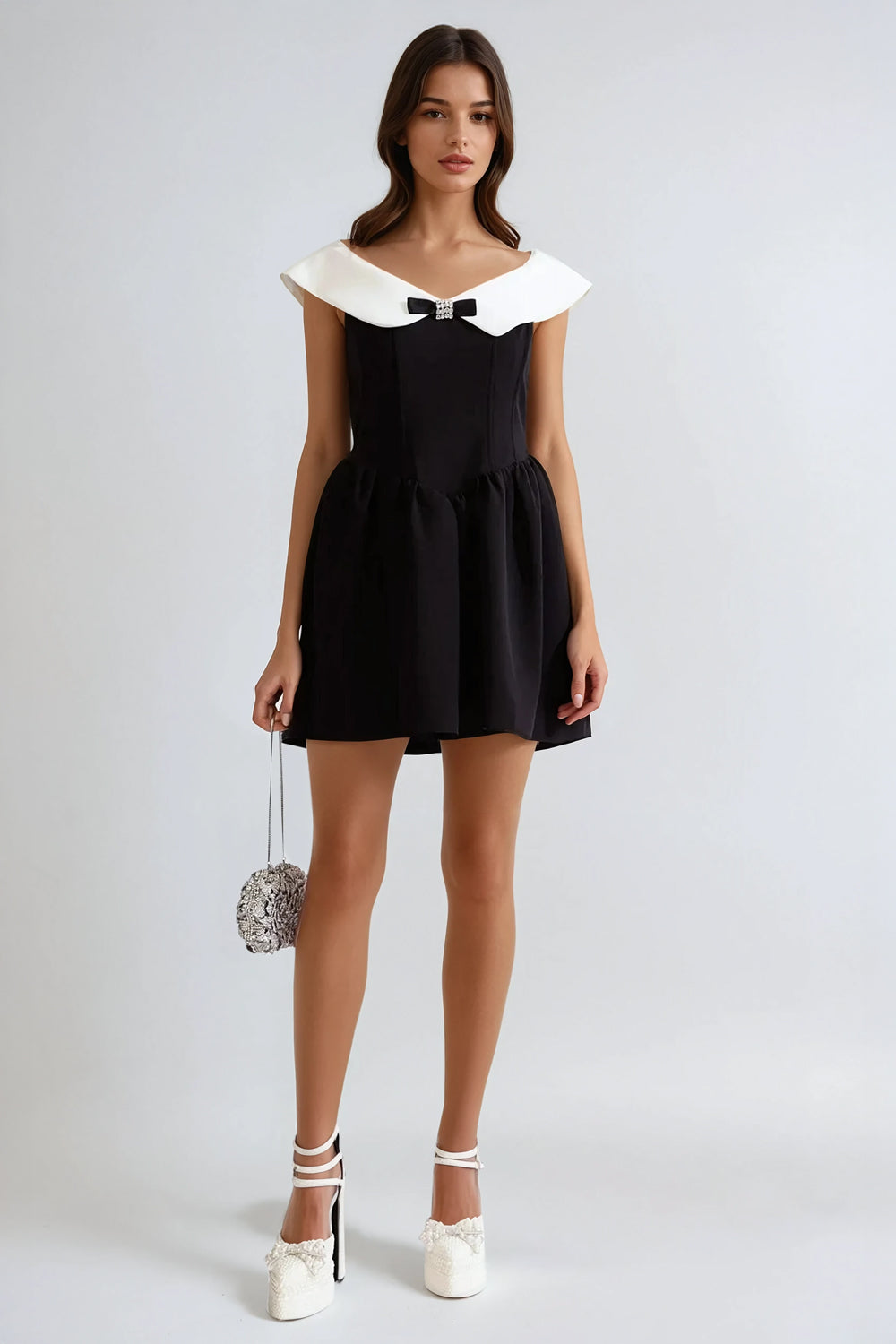Sleeveless Mini Dress with Oversized Collar and Bow - Black