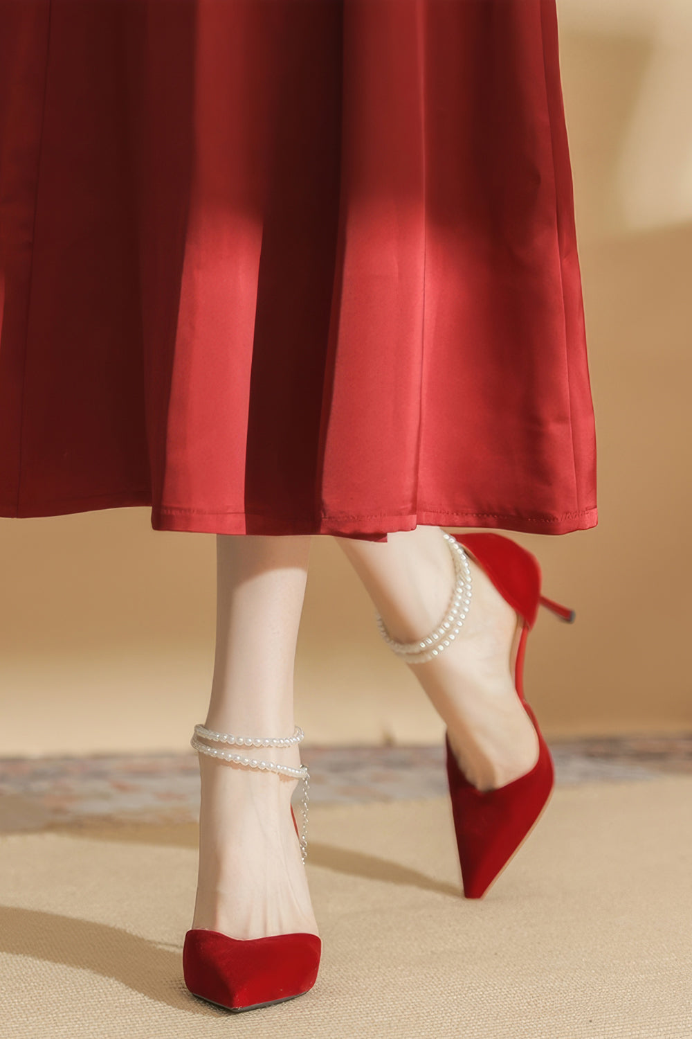 Pointed Toe Heels with Layered Pearl Ankle Straps and Charm - Red