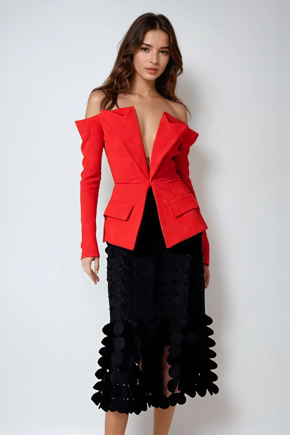 Off-Shoulder Peplum Blazer with Long Sleeves and Back Zipper - Red