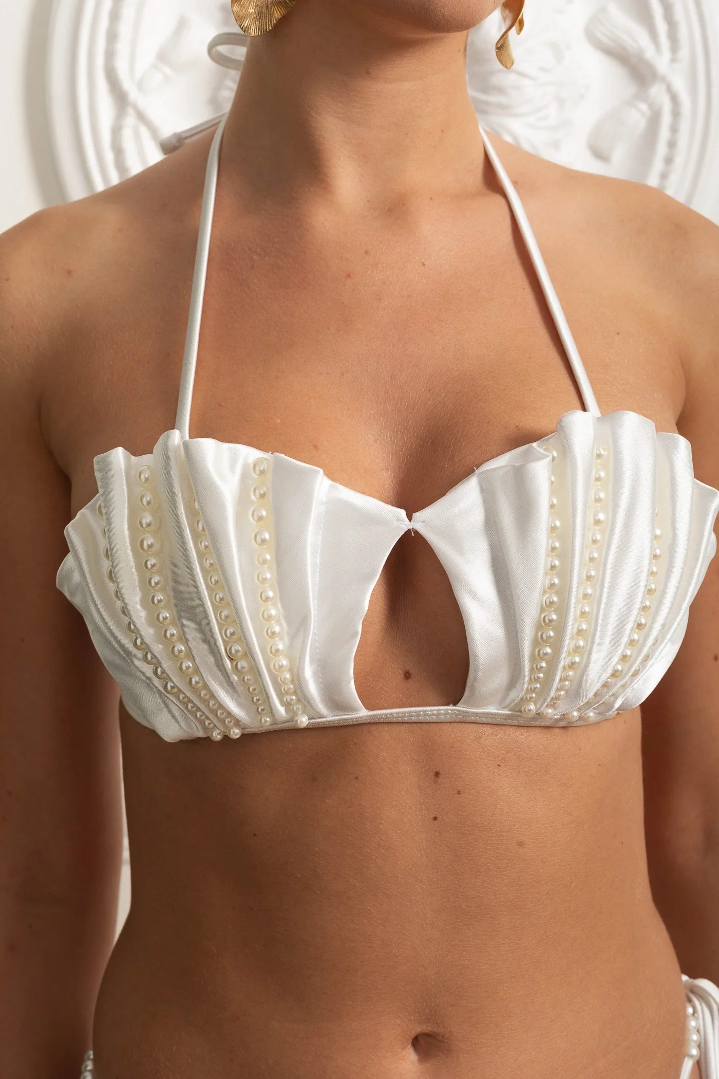 Shell Shape Pearl Embellished Bikini Set With Matching Ruffle Sarong - White