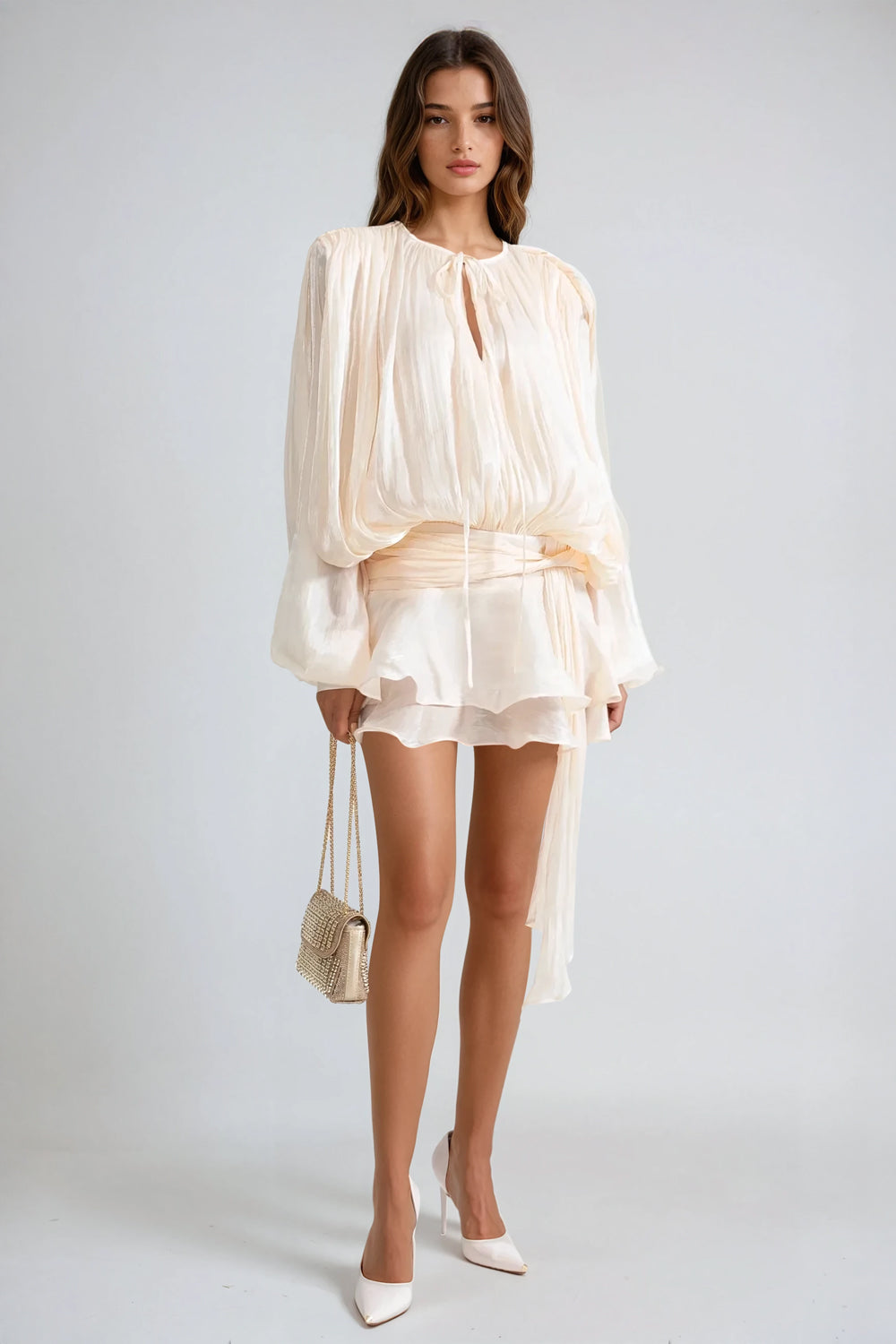 Ruffled Long Sleeved Mini Dress - White