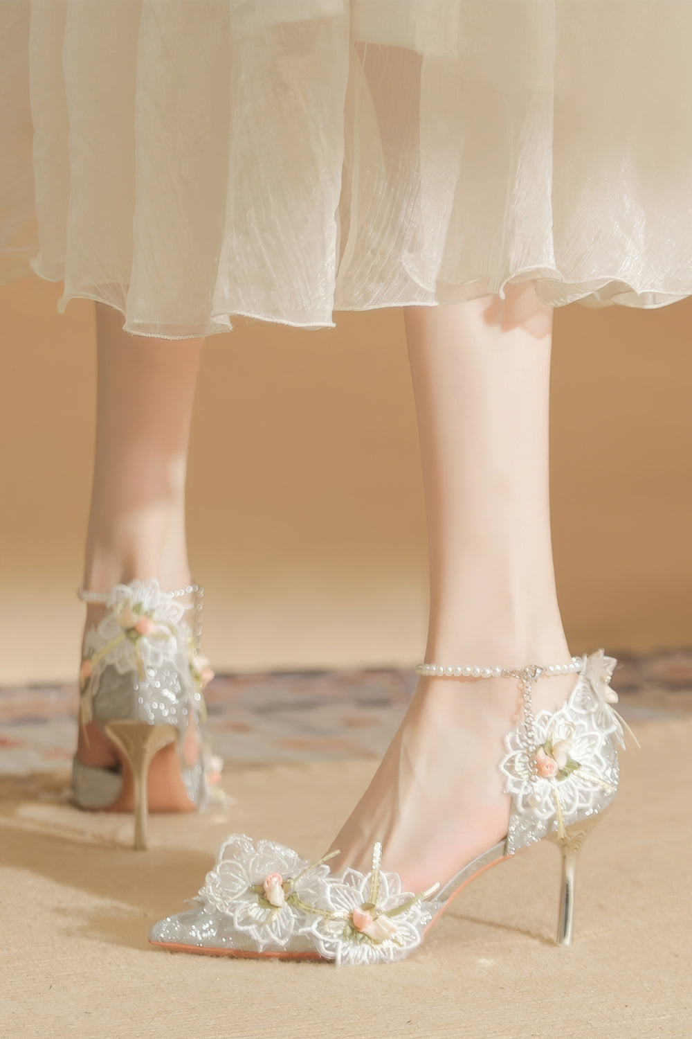 Pointed Toe Heels with 3D Floral and Pearl Ankle Straps - Silver