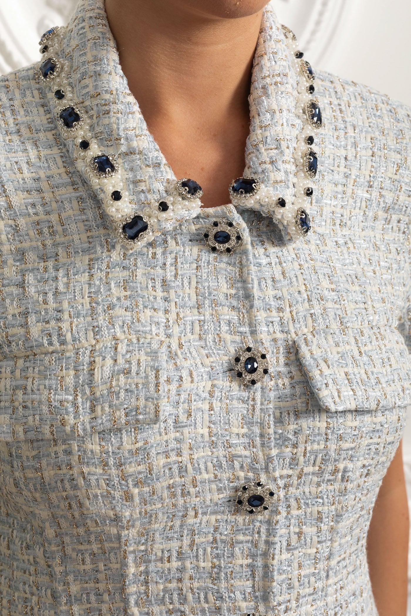 Short Sleeve Tweed Button-Down Mini Dress With Pleated Hem - Blue