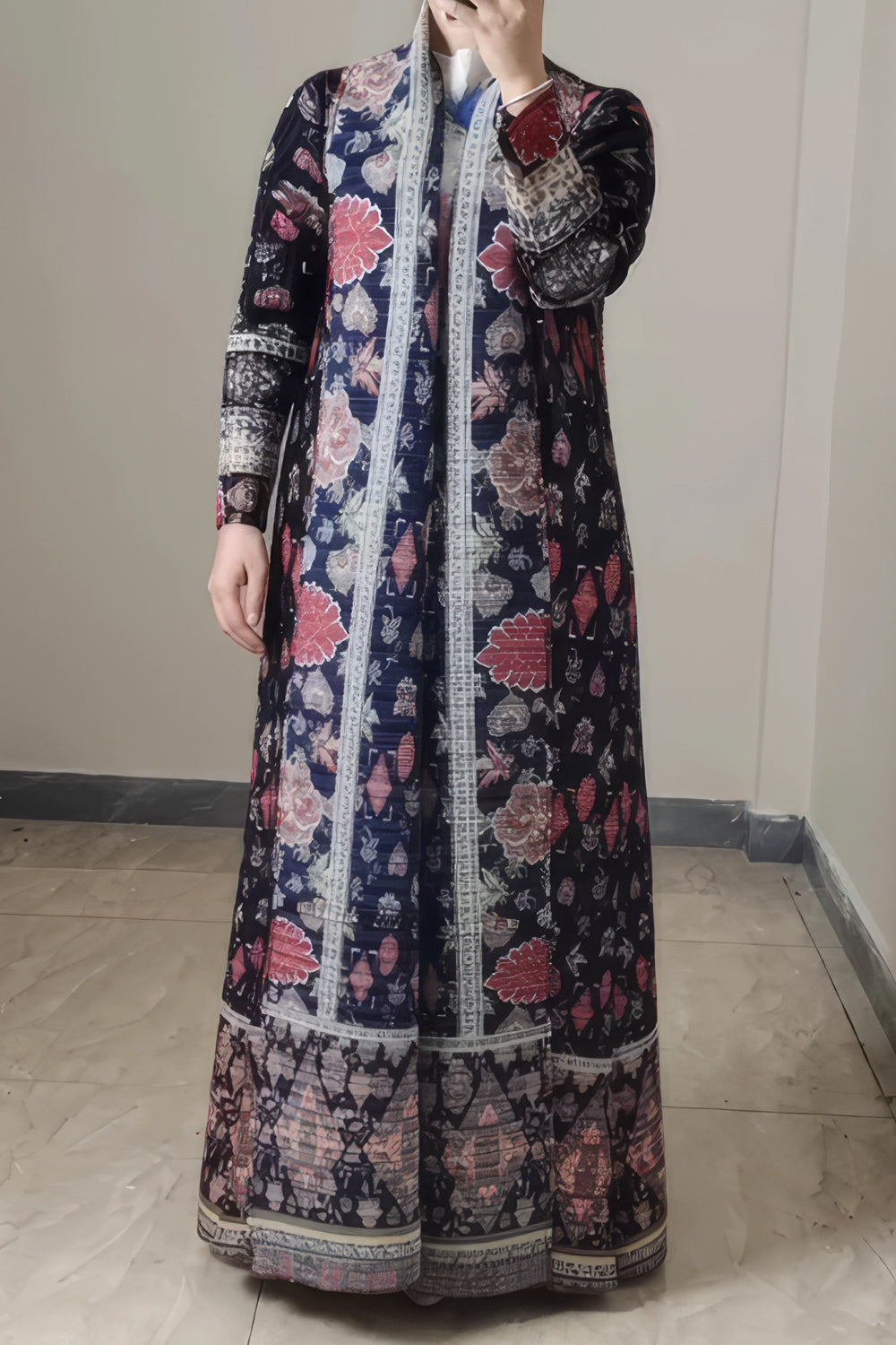 Long Printed Open Front Duster Coat