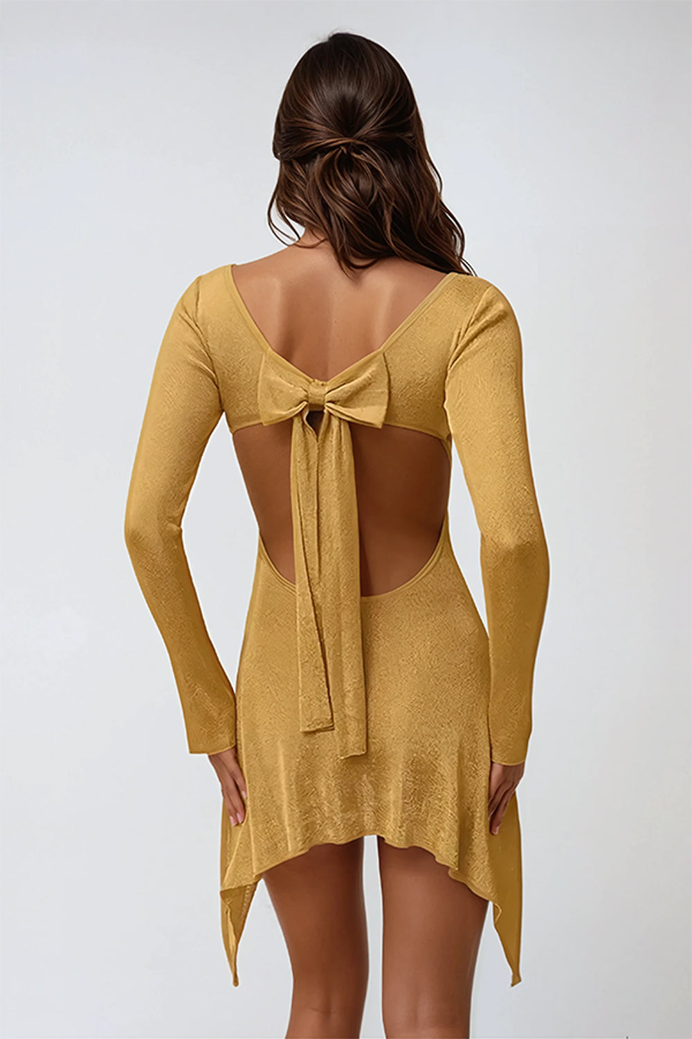 Long Sleeve Asymmetrical Mini Dress with Open Back - Yellow