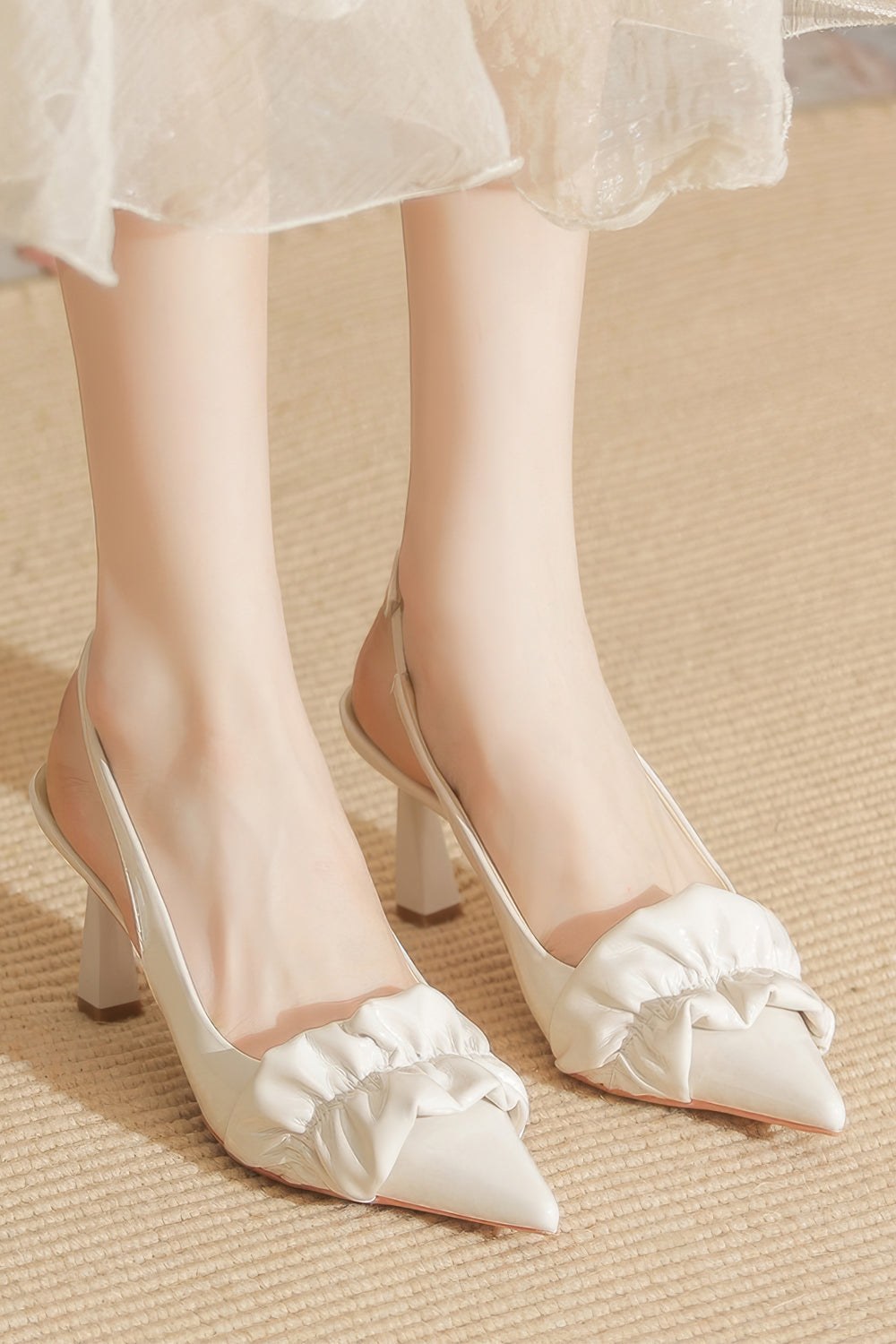 Slingback Heels with Gathered Front Detail - White
