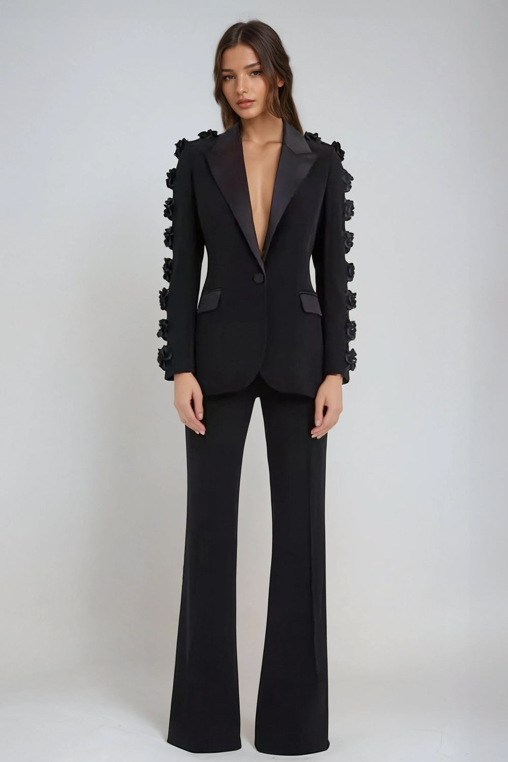Two-Piece Set with Embellished Blazer and Flared Trousers - Black