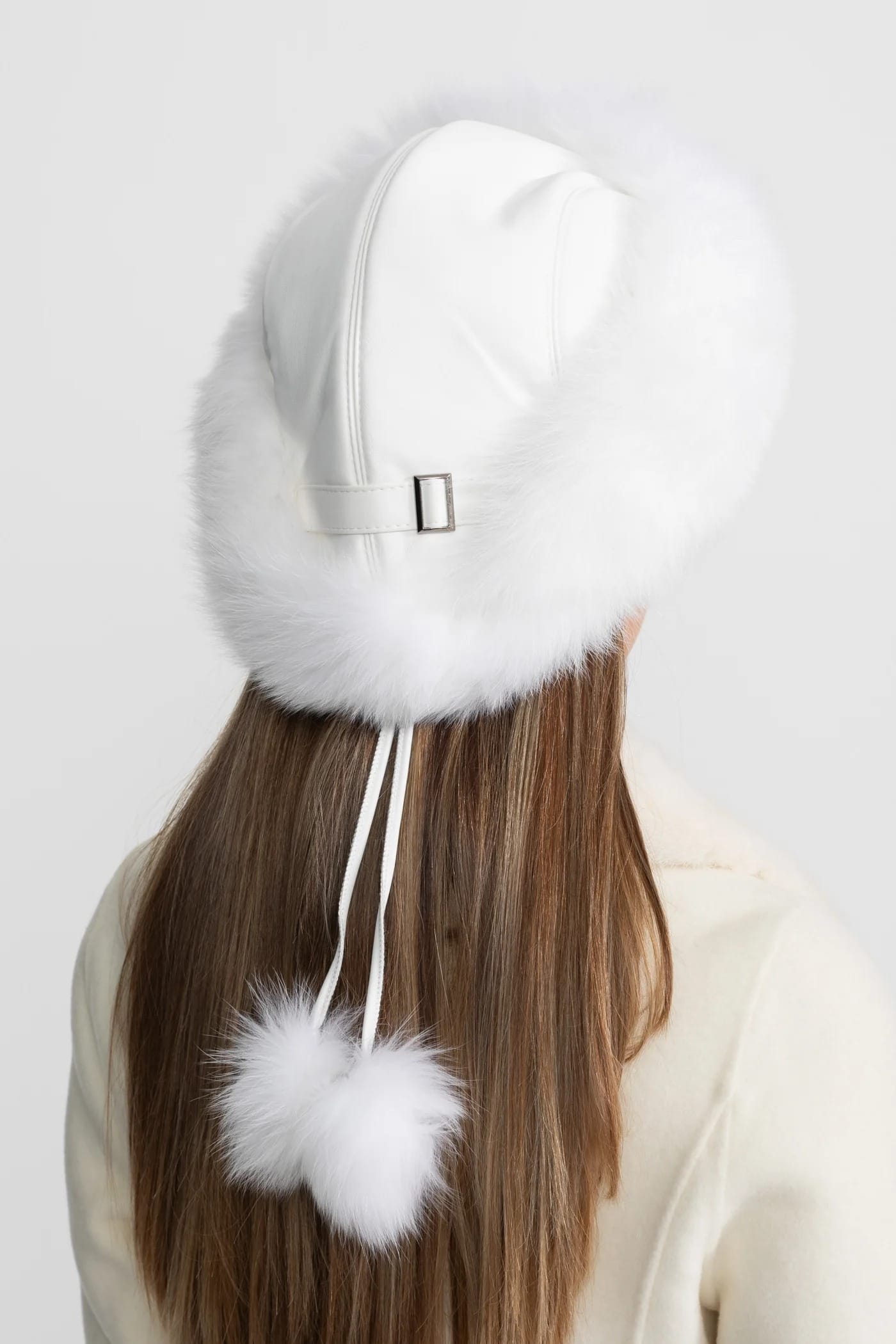 Fur Trimmed Hat with Pom-Pom Ties - White