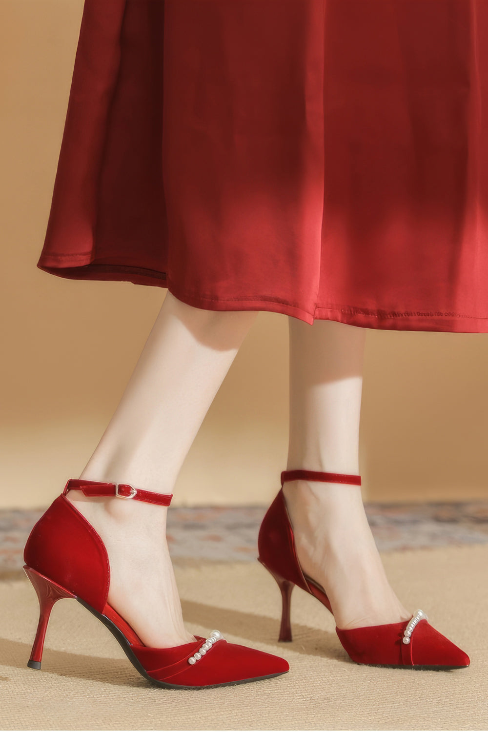 Pointed Toe Heels with Pearl Strap and Ankle Buckle - Red